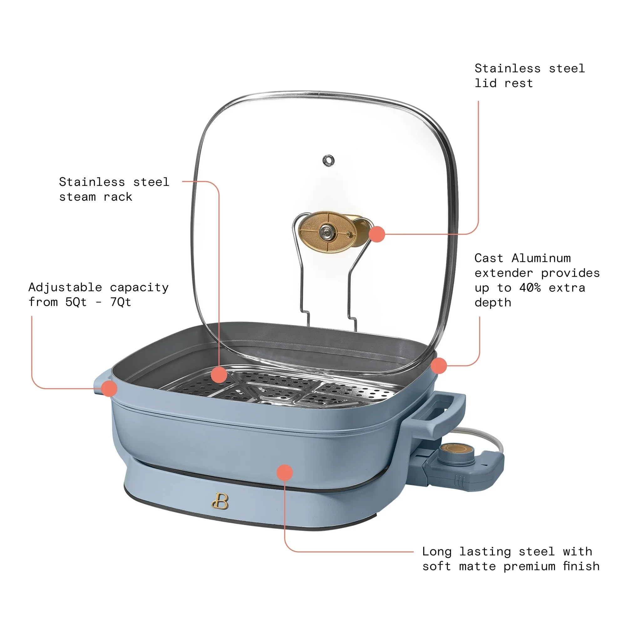 5-in-1 Electric Skillet with Glass Lid - Expandable to 7 Qt, Nonstick Ceramic Cookware Set by Drew Barrymore (Cornflower Blue) - Perfect for Frying, Sautéing, Steaming, Slow Cooking & More in Small Kitchens