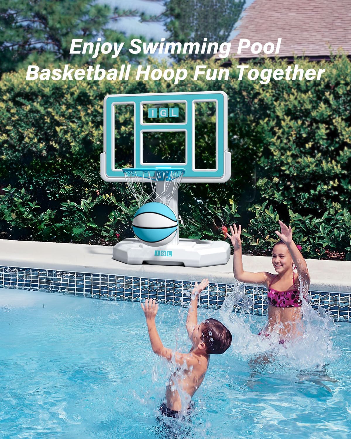 IGL Outdoor Pool Basketball Hoop - Stainless Steel Rim with Double Water Storage Base, Includes 2 Balls & Inflator - Perfect for Backyard, Poolside, and Beach Fun - Fixed Height Basketball Stand for Adults and Kids