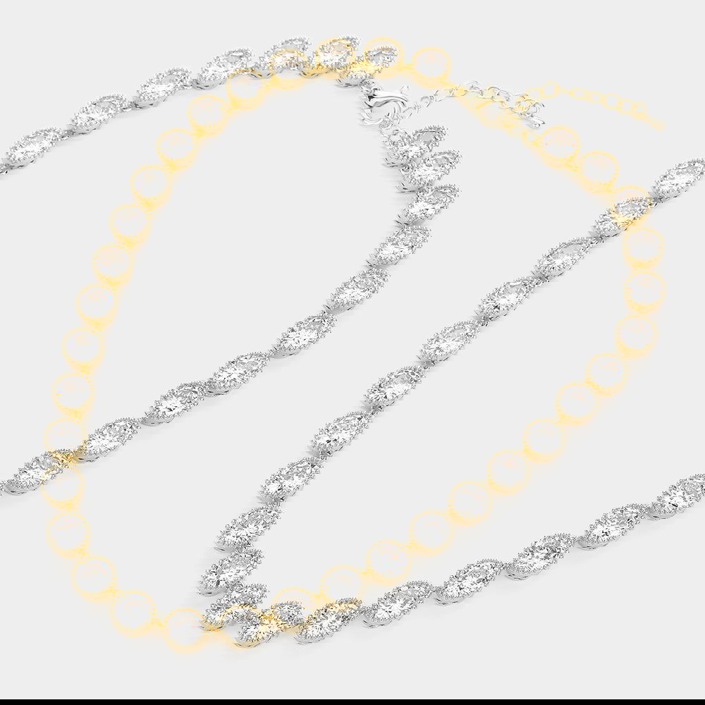 14K Gold Plated Cubic Zirconia Bezel Link Evening Necklace for Women - Elegant Party Jewelry for Dinner Date, Wedding & Special Occasions