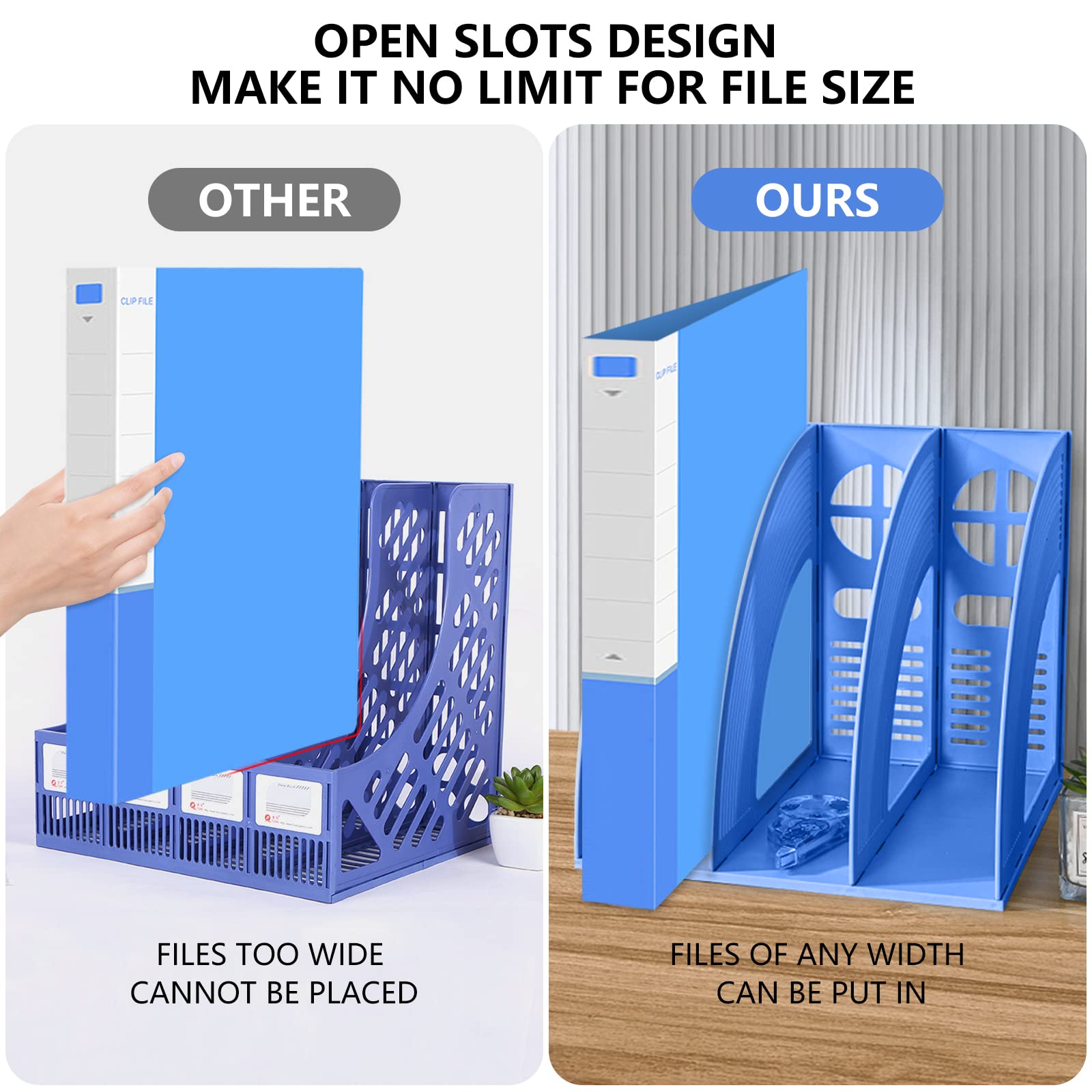 Sturdy Plastic Magazine File Holder - 3 Section Vertical Desktop Organizer for Books, Folders & Documents - Blue | Office, Home & School Storage Solution