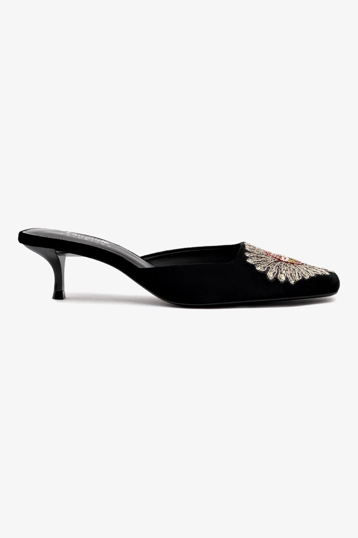 Larroudé x Markarian Black Velvet Mule Shoes with Heart Embroidery - Elegant Slip-Ons for Women, Perfect for Parties, Weddings & Special Occasions