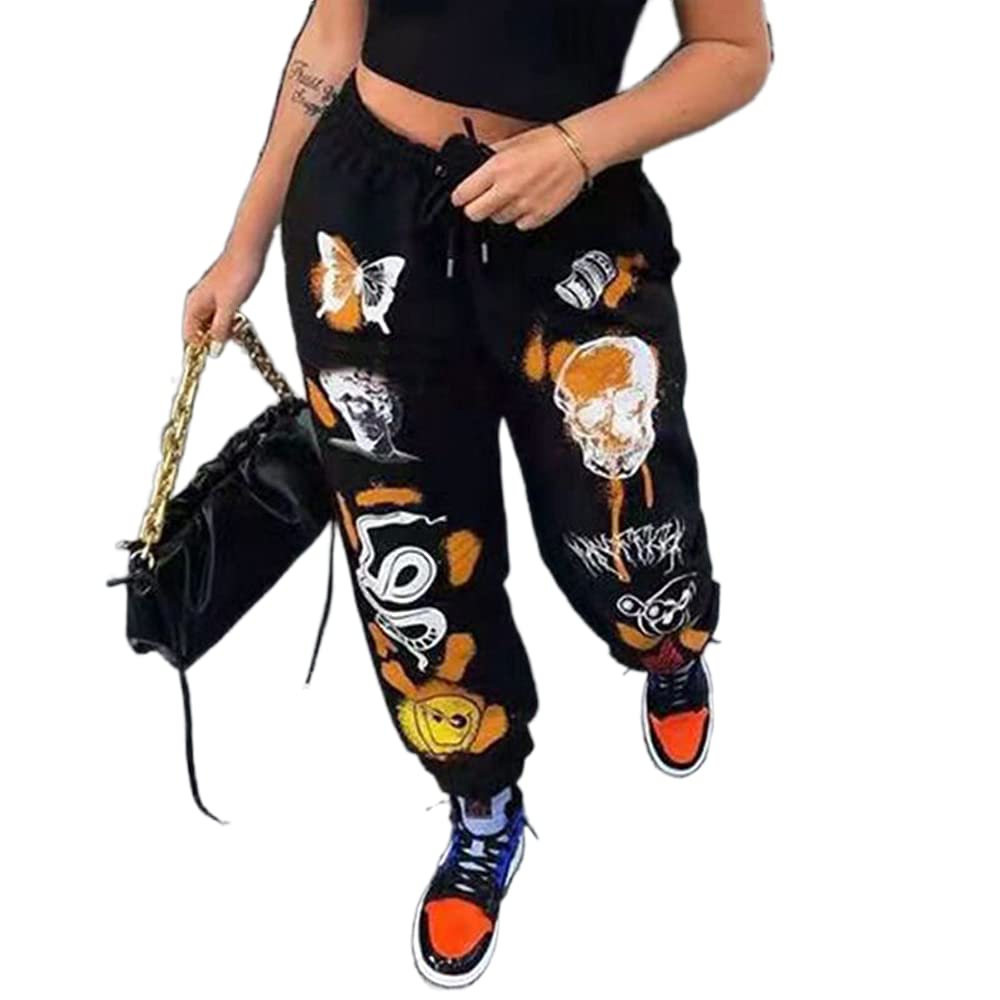 SOLILOQUY Women's High Waist Baggy Sweatpants - Y2K Graphic Joggers with Drawstring & Pockets - 90s Hippie Athletic Trousers for Casual Wear, Gym, Yoga & Street Fashion