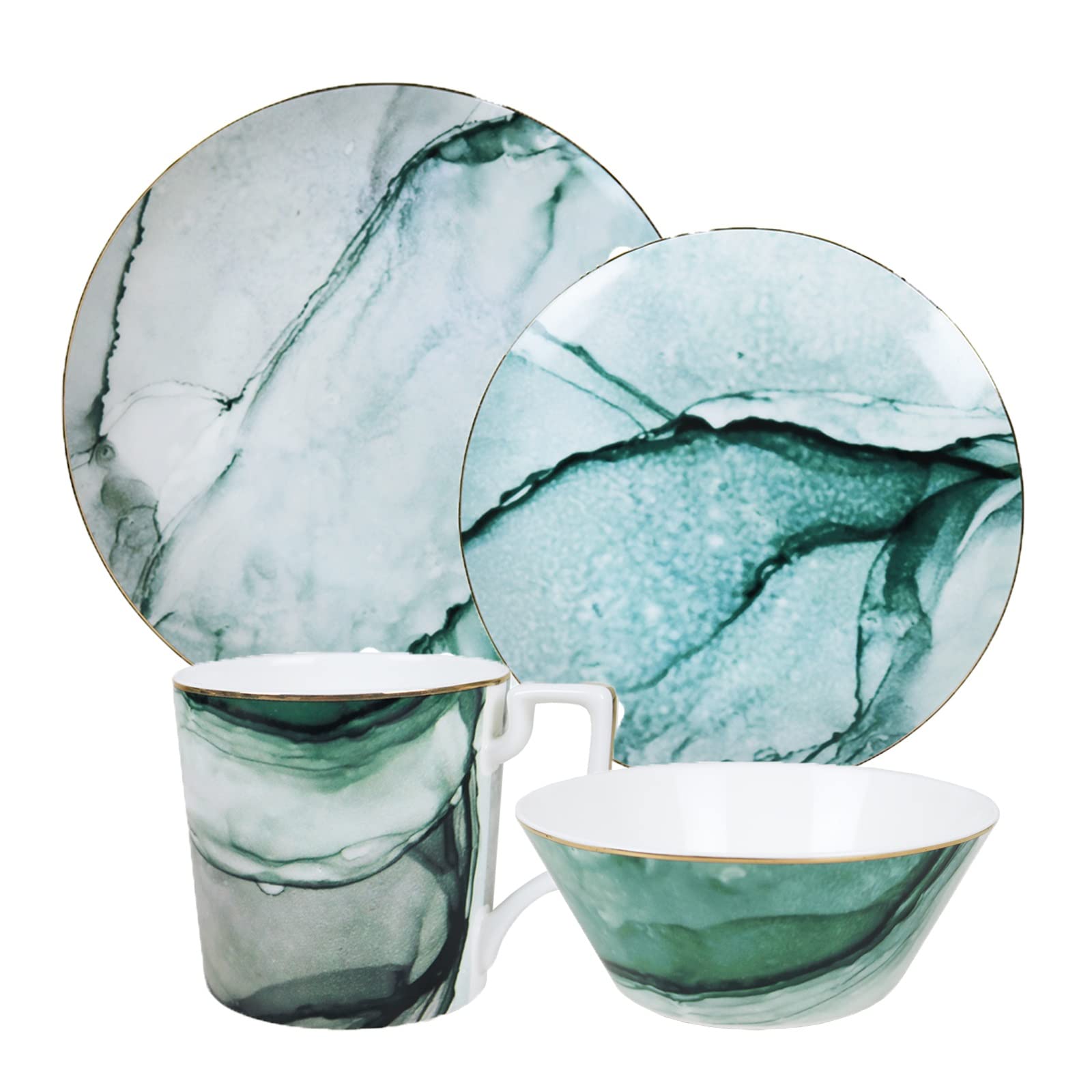 16-Piece Porcelain Dinnerware Set for 4 - Bone China Dinner Plates, Salad Plates, Bowls & Mugs in Cyan - Elegant Table Setting for Dinner Parties, Family Gatherings & Special Occasions