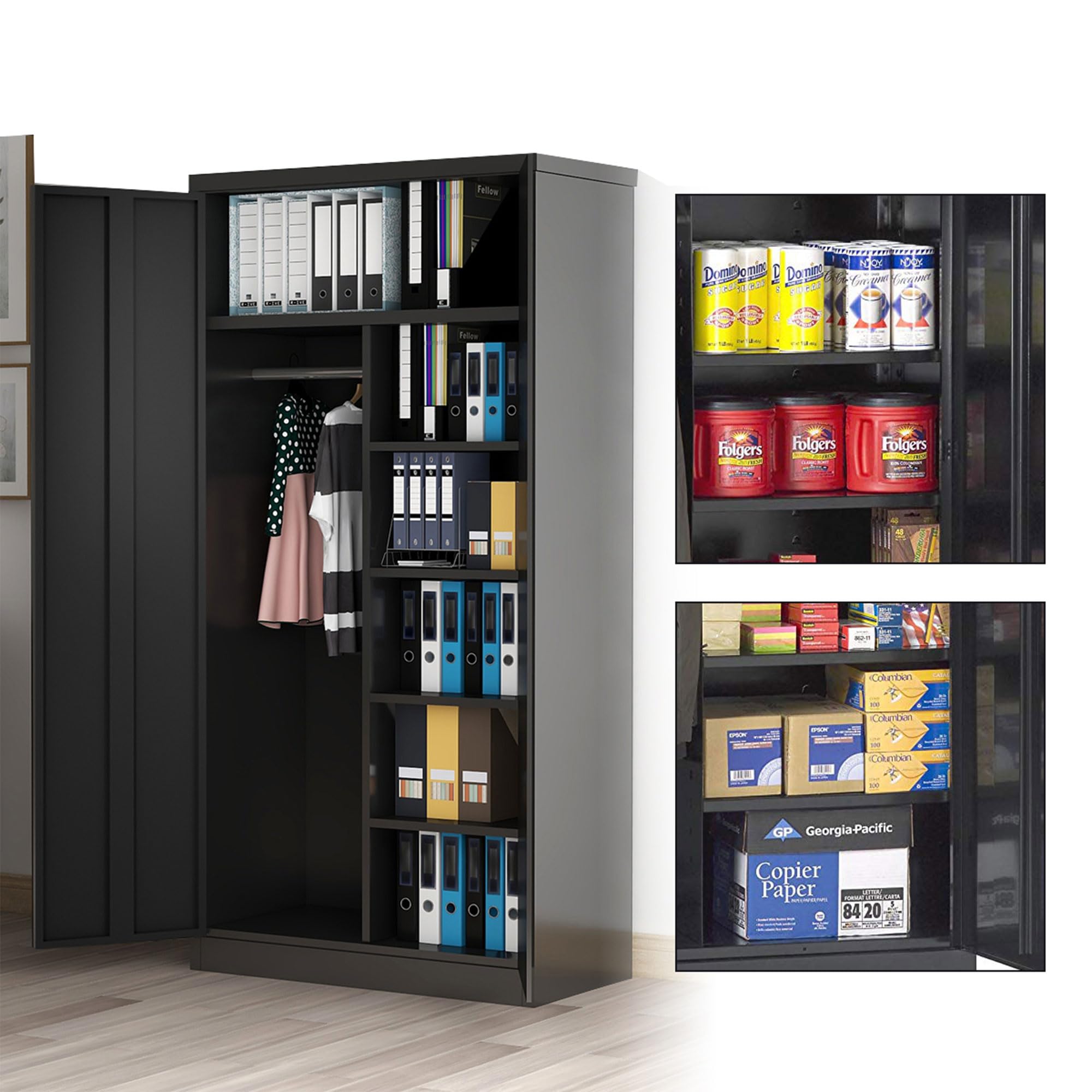 Aobabo Large Metal Wardrobe Storage Cabinet with 3 Adjustable Shelves, Hanging Rod & Lockable Doors - Perfect for Bedroom Closet, Garage Organization & Entryway Storage (Black)