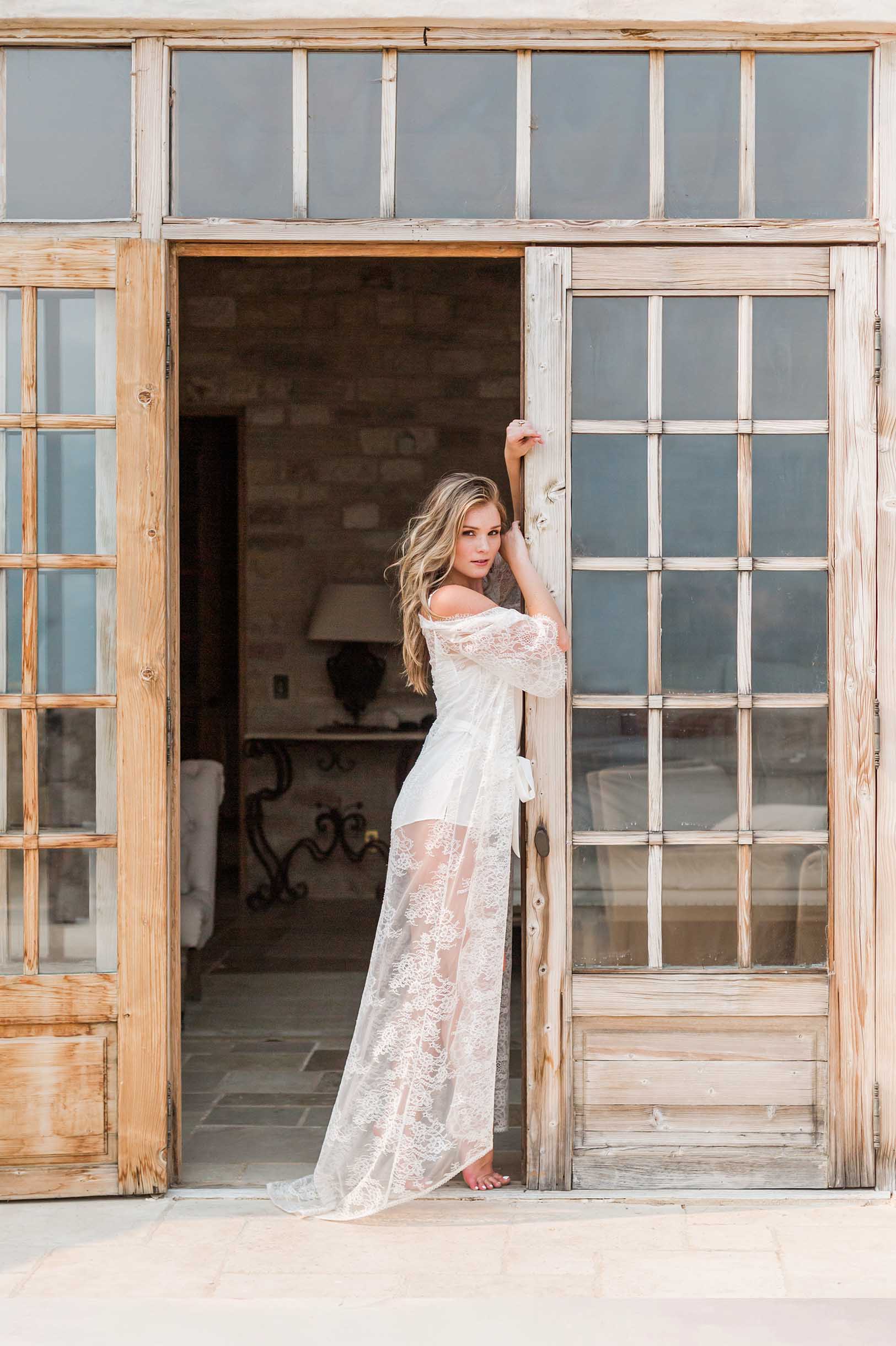 Emma Long Robe Dressing Gown Kimono in Ivory Glitter Lace - Elegant Loungewear for Women, Perfect for Spa Days, Bridal Showers & Relaxing at Home