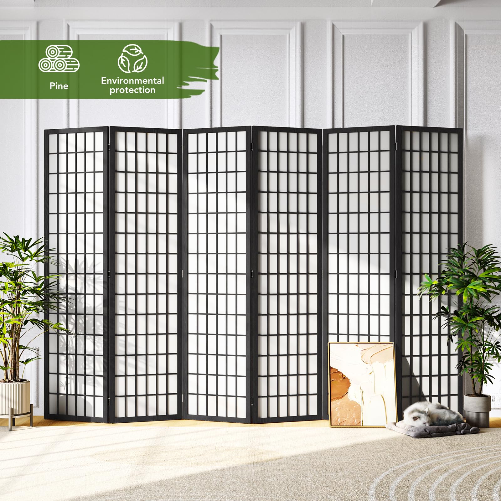 JOSTYLE 6-Panel Room Divider - 5.9 Ft Folding Privacy Screen for Home & Office - Japanese Shoji Style Partition Wall in Black - Perfect for Bedroom Separation, Living Room Privacy & Office Space Dividers