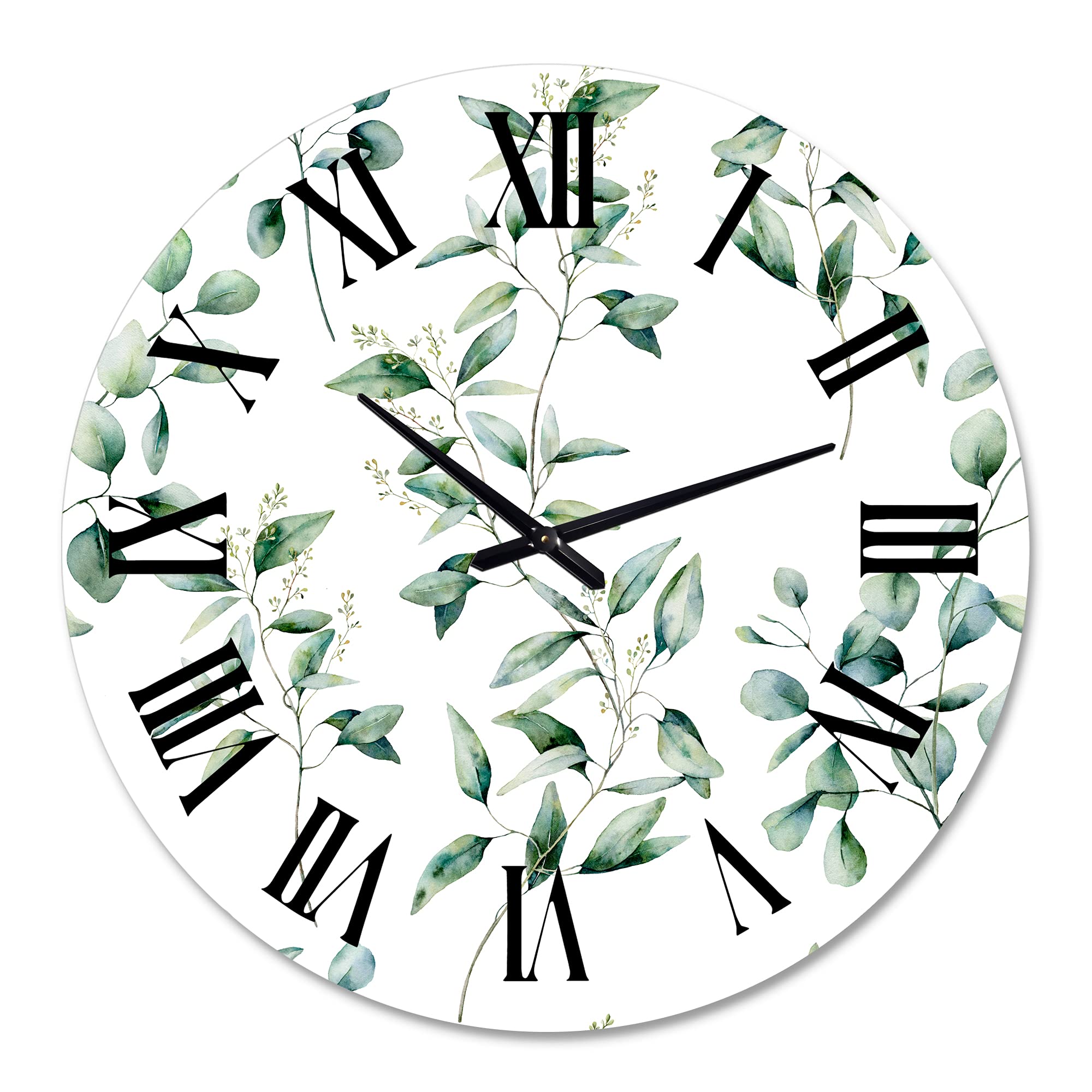 DesignQ Traditional Wall Clock 'Green Eucalyptus Branches IV' - Large Floral & Botanical Wall Clock for Bedroom, Living Room, Office Decor | Silent Non-Ticking Modern Home Décor