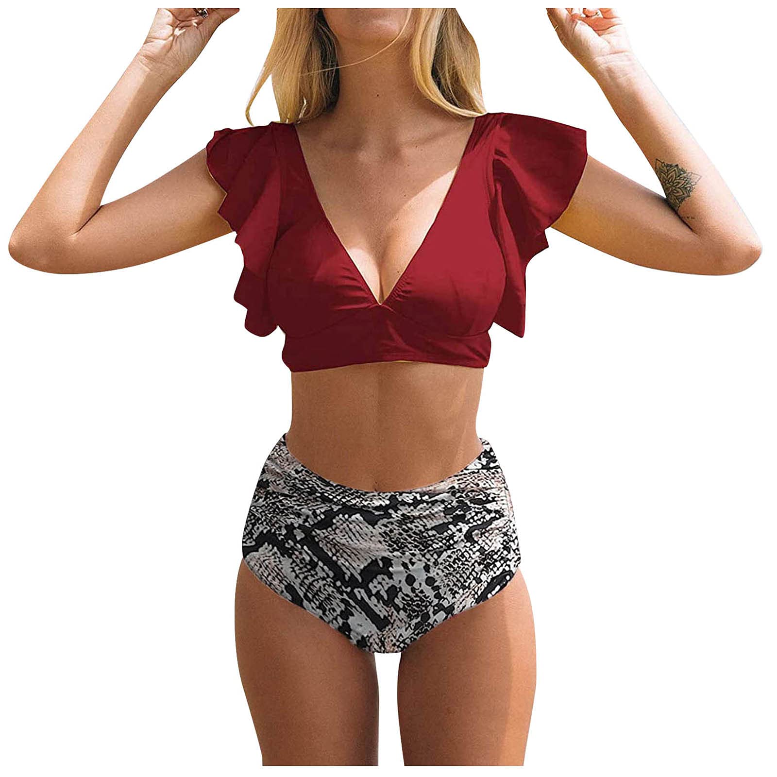 FMCHICO Women's High Waist Bikini Set - Push Up Ruffled Two Piece Swimsuit with Tropical Print for Beach Vacation & Pool Party
