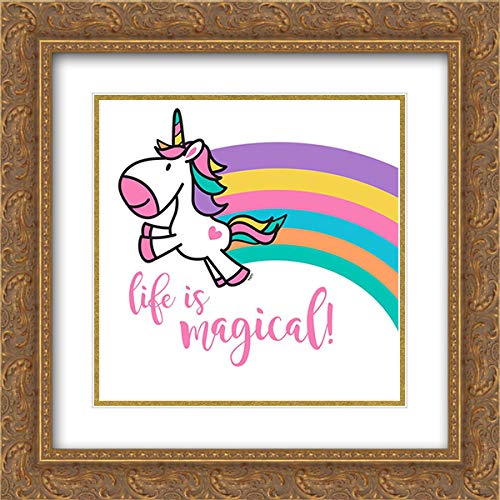 Tara Reed Happy Unicorn Rainbow II - 15x15 Inch Gold Ornate Framed Museum Art Print with Double Matting - Perfect for Nursery Decor, Kids Room Wall Art & Fantasy Themed Home Decor