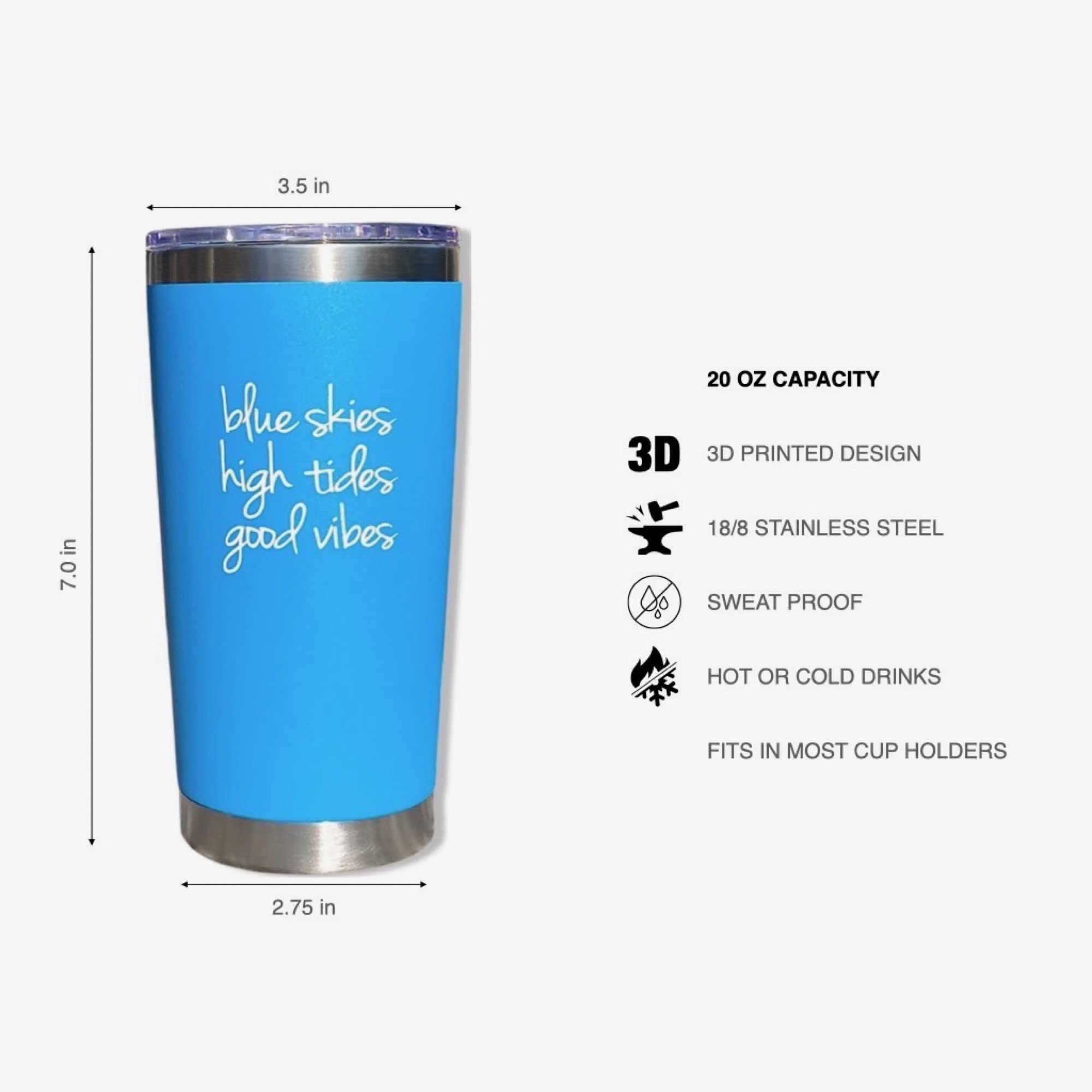 Blue Skies High Tides 20 oz Tumbler - Light Blue Beach & Lake Travel Mug, Tropical Vacation Gift for Beach Days, Lake Getaways, and Outdoor Adventures