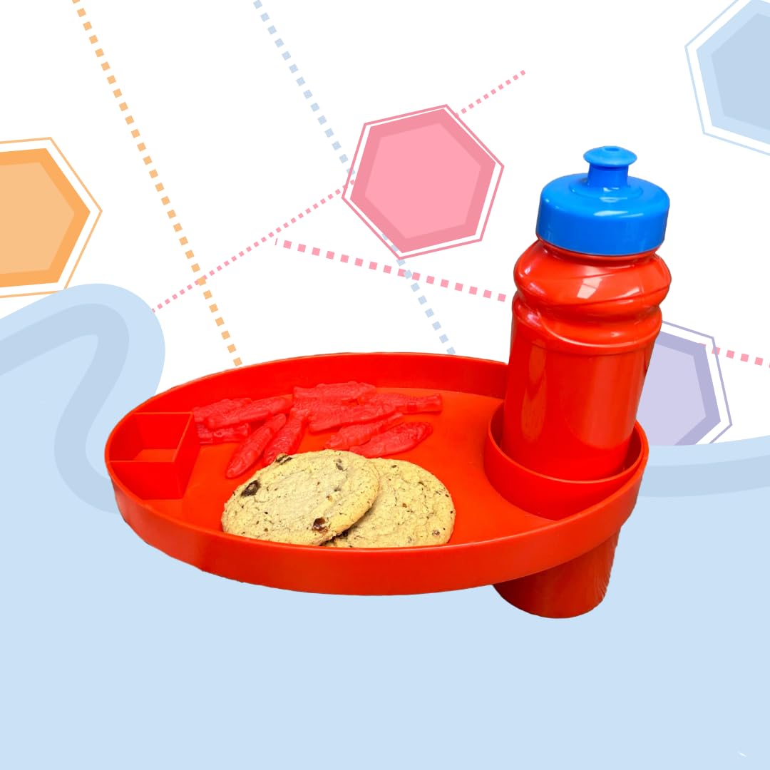 Kids Travel Tray for Car Seat - Toddler Snack Tray with Cup Holder & Sauce Container | Portable Car Seat Organizer for Snacks, Toys & Activities | Perfect for Road Trips & Family Travel (Red)