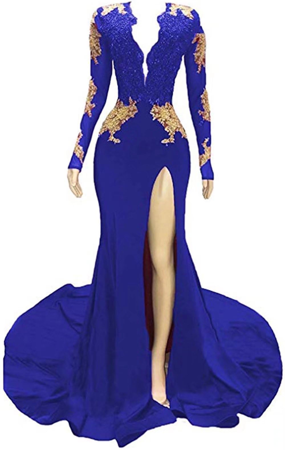 Elegant Mermaid Prom Dress for Women - Long Sleeve Sexy V-Neck Backless Beaded Lace Evening Gown with High Slit | Perfect for Formal Events, Homecoming, Pageants & Special Occasions