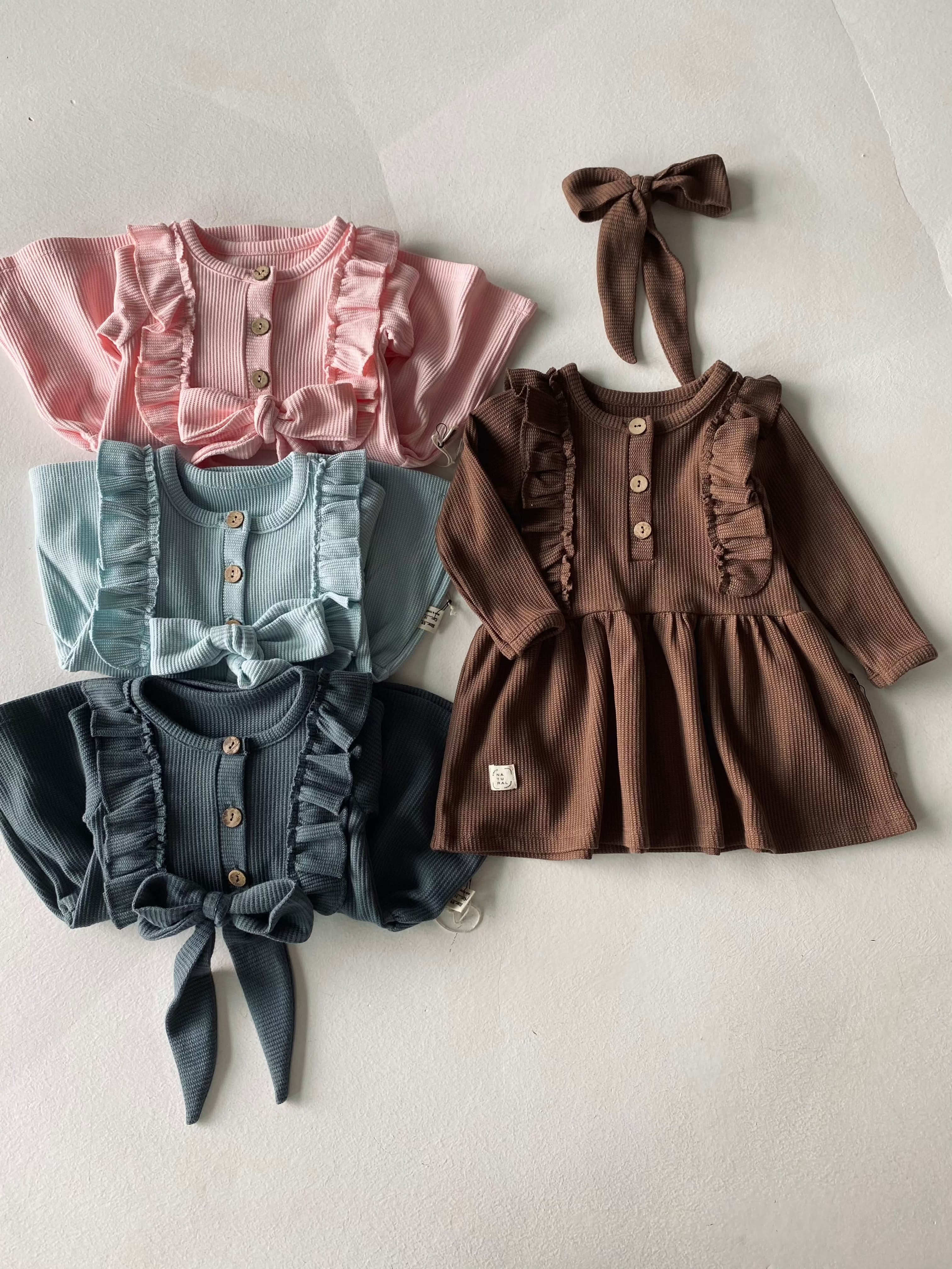 Baby Girl Waffle Fabric Ruffle Dress Set - Cute Outfit for Newborns, Infants & Toddlers - Perfect for Parties, Photo Shoots & Special Occasions