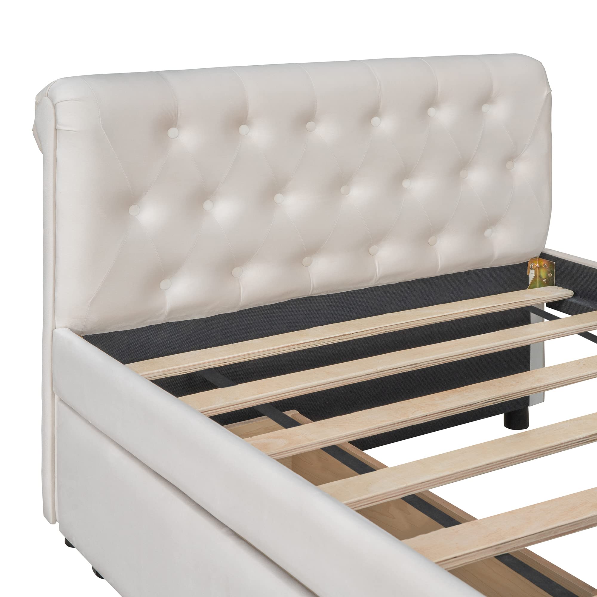 Twin Size Upholstered Daybed with 2 Storage Drawers & Tufted Sofa Bed - Wood Frame Beige for Guest Room, Small Space & Multi-Functional Furniture