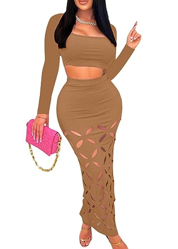 Brown Hollow Out Skirt Set