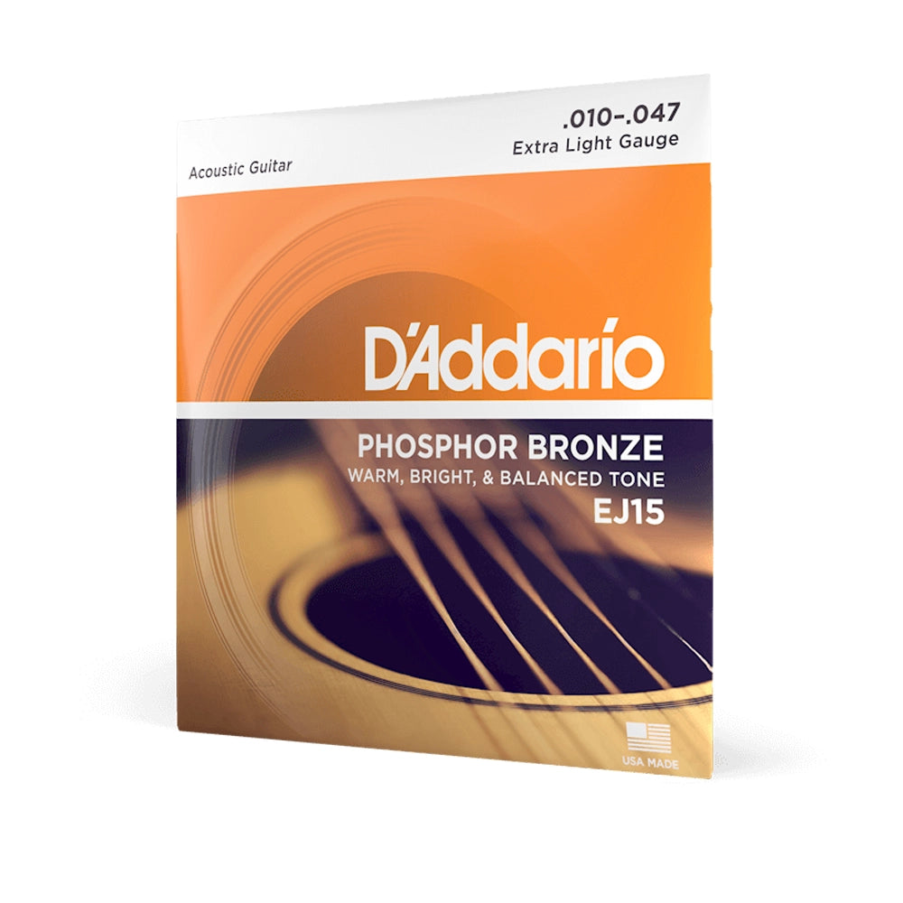 D'Addario EJ15 Phosphor Bronze Acoustic Guitar Strings - Extra Light 10-47 Gauge - Warm & Bright Tone for Folk, Country & Fingerstyle Playing