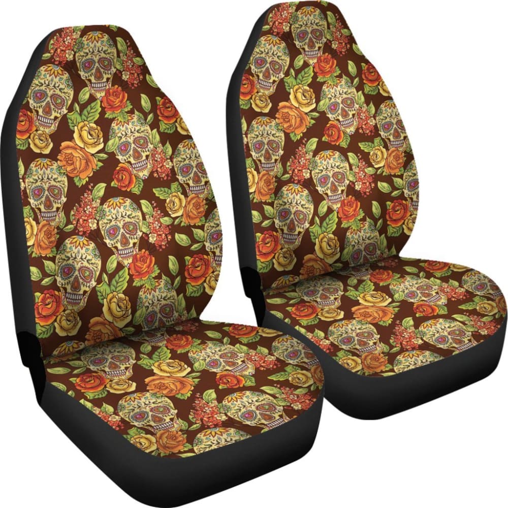 2 Pcs Sugar Skull Floral Car Seat Covers - Universal Fit for Cars, Trucks & SUVs - Gothic Decor for Day of the Dead, Halloween & Mexican Theme Parties