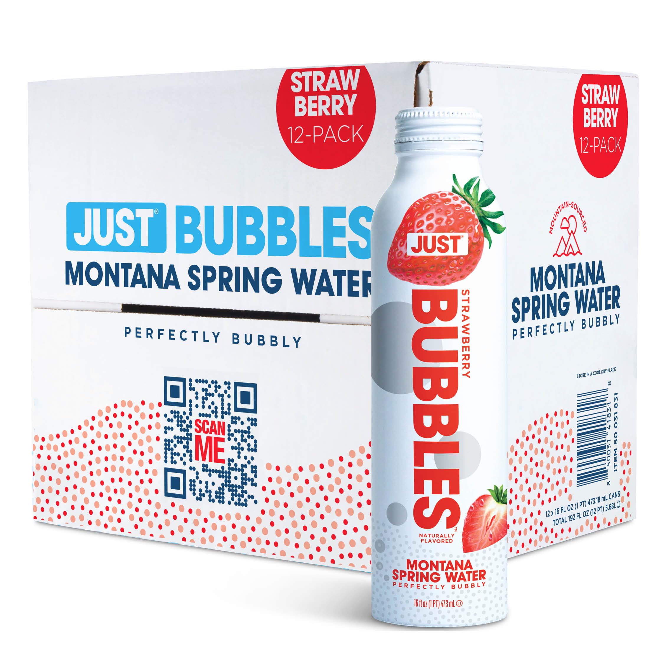 JUST Bubbles Strawberry - Premium Sparkling Spring Water in Eco-Friendly Recyclable Bottle | 100% Mountain-Sourced Carbonated Water with Natural Minerals | 16 Fl Oz | Perfect for Hydration, Parties & Healthy Lifestyle