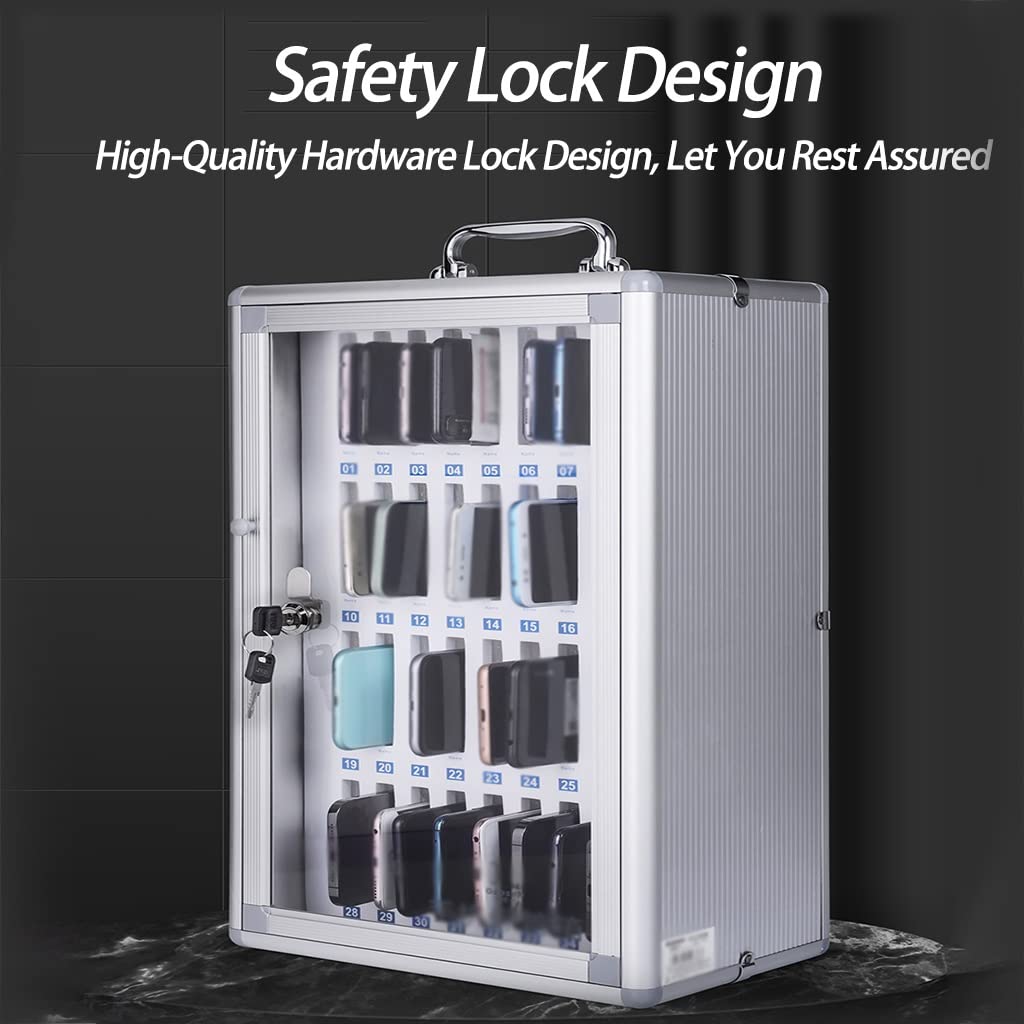 Wall-Mounted Aluminum Alloy Phone Organizer - 24 Slot Cell Phone Storage Cabinet with Handle & Lock for Classroom, Office, Home - Durable Mobile Device Holder for Students, Teachers & Professionals
