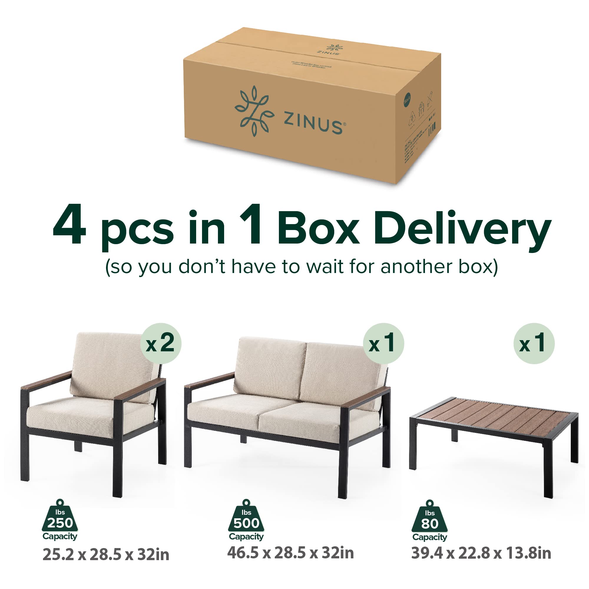 ZINUS Dillon 4-Piece Outdoor Patio Furniture Set - Aluminum & Poly Lumber Conversation Set, Weather Resistant, Rust-Proof, Easy Assembly (Black) - Perfect for Backyard, Garden, Poolside or Deck Relaxation