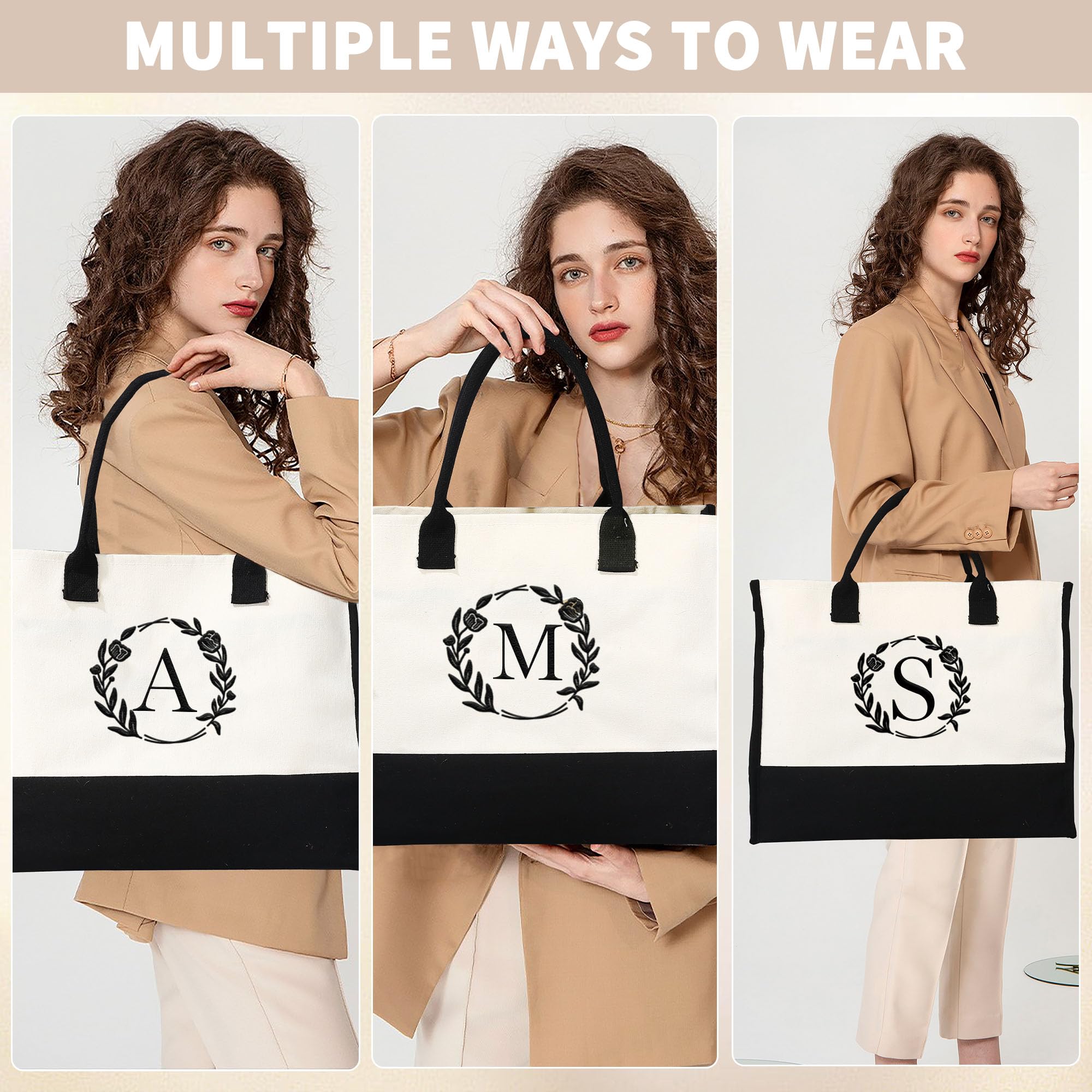Personalized YOOLIFE Monogram Canvas Tote Bag with Zipper - Custom Beach Bag, Makeup Pouch & Gift for Women (Perfect for Mother's Day, Birthday, Travel & Shopping)
