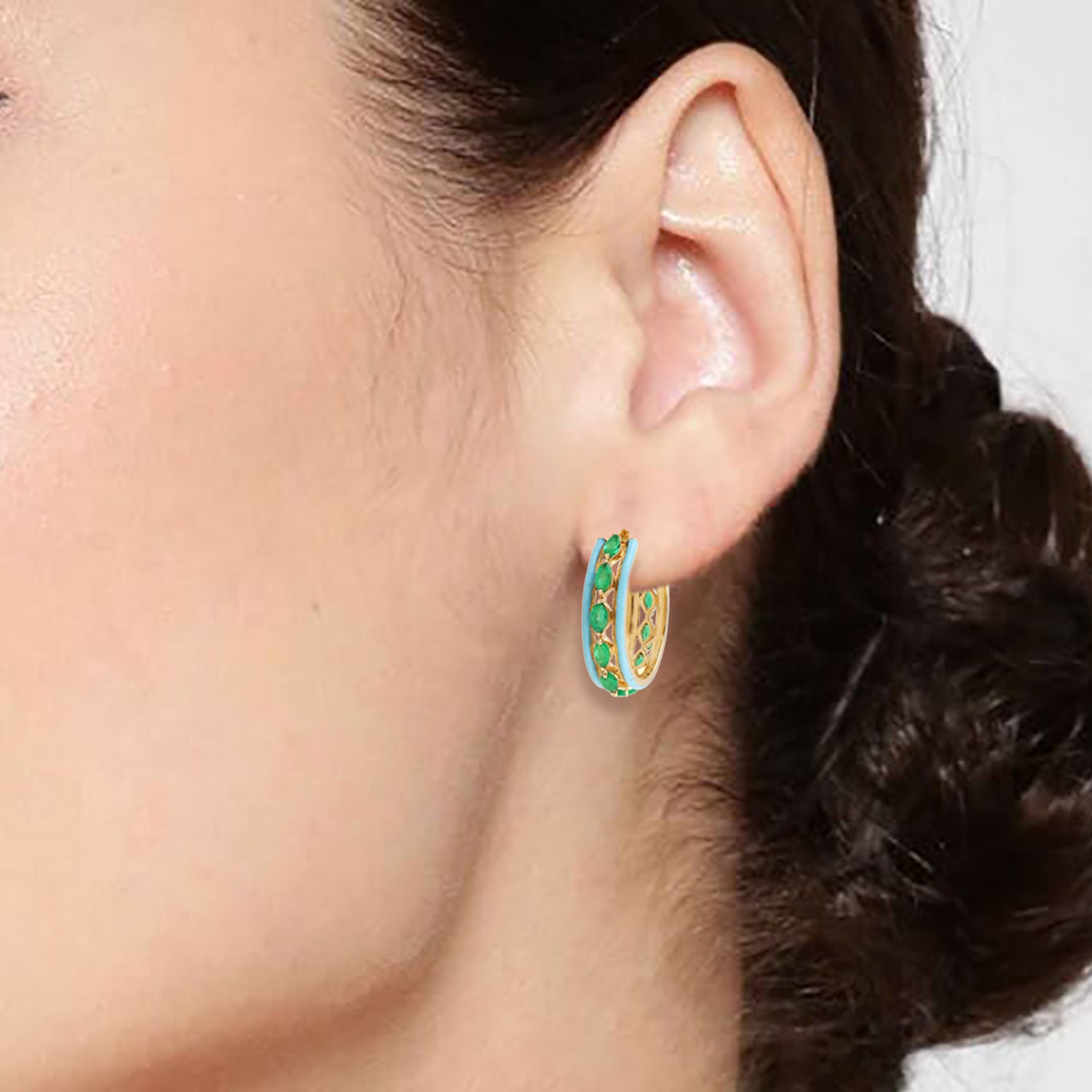 18K Yellow Gold Marquise Cut Emerald Gemstone Enamel Hoop Earrings - Elegant Jewelry for Weddings, Parties & Special Occasions