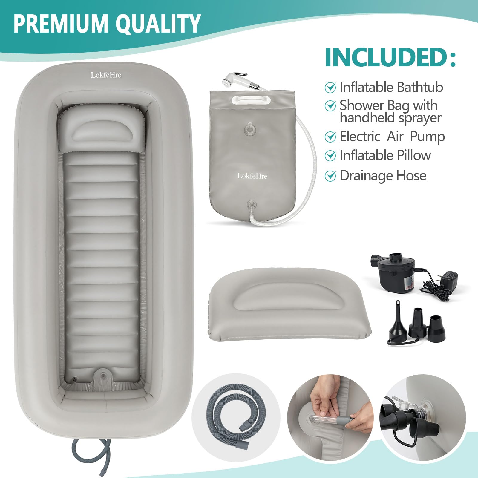 Inflatable Bathtub for Elderly - Portable Shower Bath Basin Kit with Electric Air Pump, PVC Medical Bathtub for Bed Bathing & Full Body Wash - Lightweight & Easy to Use for Home Care & Hospital Use (Grey)