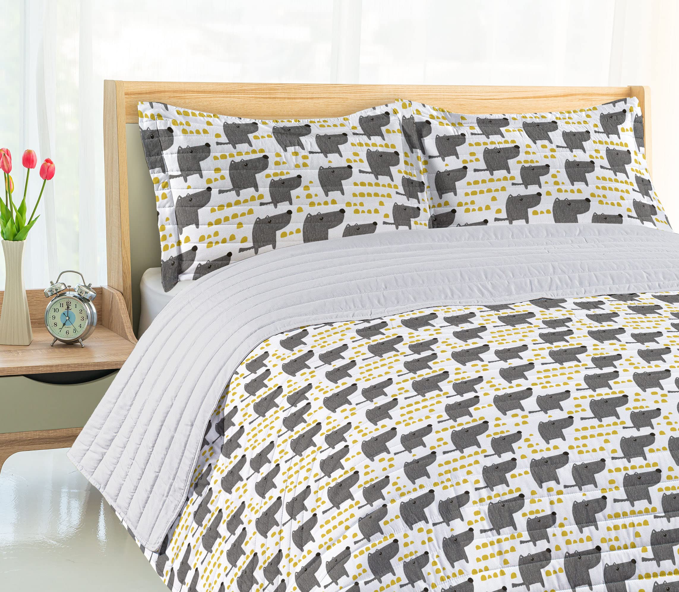 Ambesonne King Size Dog Themed Microfiber Bedspread Set - Abstract Yellow Dots & Grey Cartoon Pet Design with Matching Pillow Shams & Comforter - Soft Bedding for Dog Lovers' Bedroom Decor (Grey Marigold White)