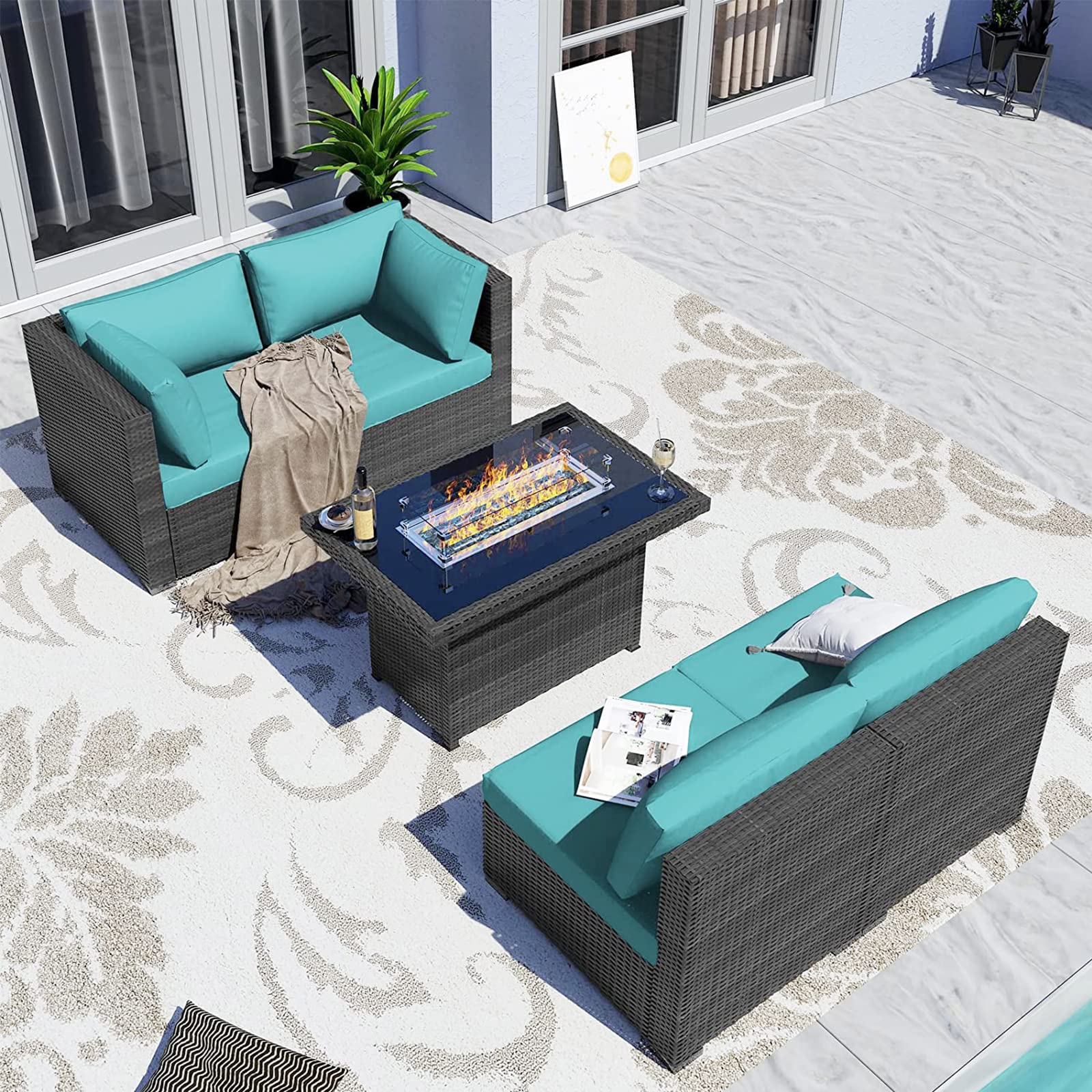 BULEXYARD 5-Piece Grey Rattan Patio Furniture Set with Gas Fire Pit Table - Deep Seat Outdoor Sectional Sofa & Wicker Conversation Couch (Grey/Aqua Blue) for Backyard, Garden, and Poolside Relaxation