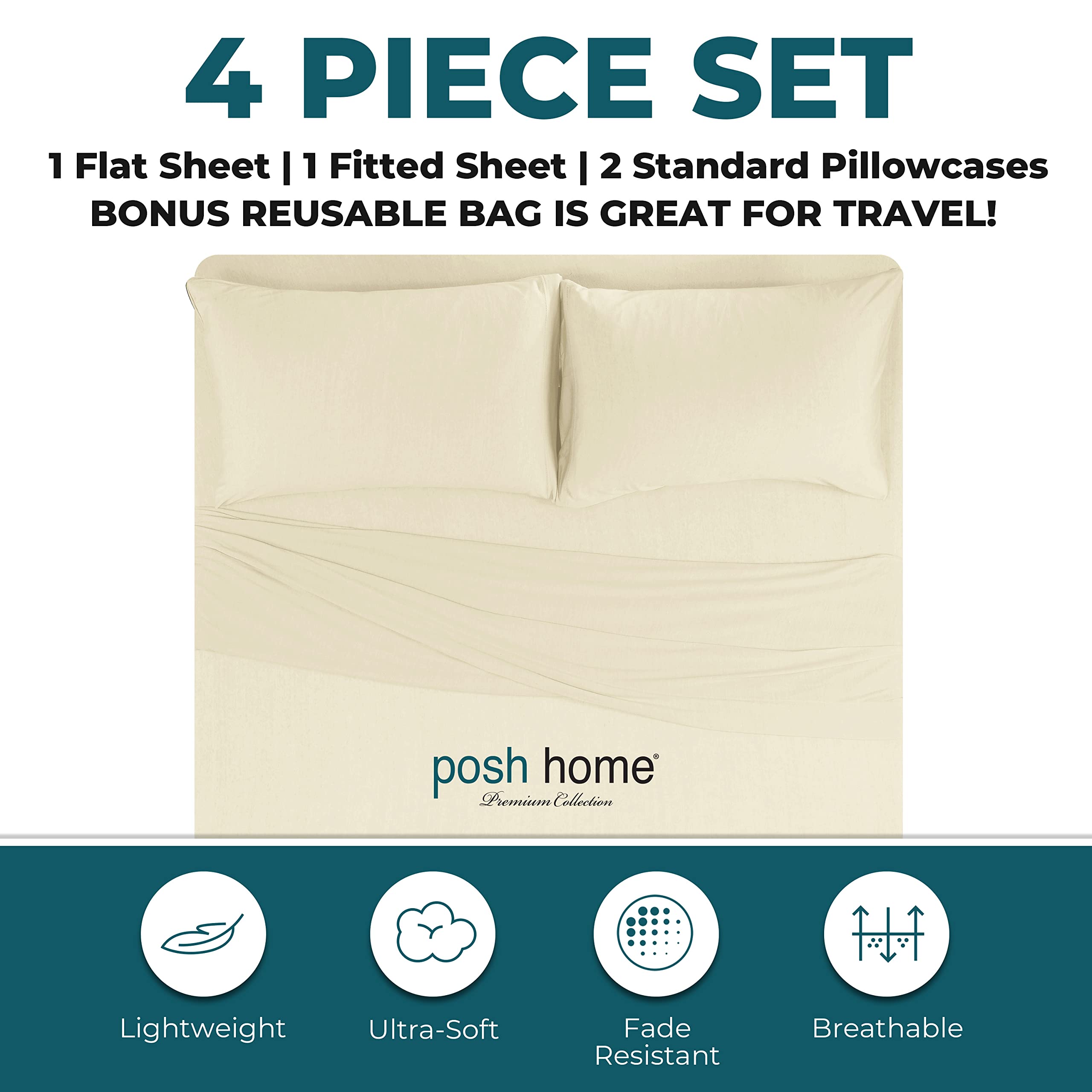 Posh Home Jersey Knit Sheet Set - 4-Piece Soft & Breathable Cotton Jersey Bed Sheets - Includes Flat Sheet, Fitted Sheet & 2 Pillowcases - Full Size Cream Jersey Sheets for Comfortable Sleep & Cozy Bedroom Decor