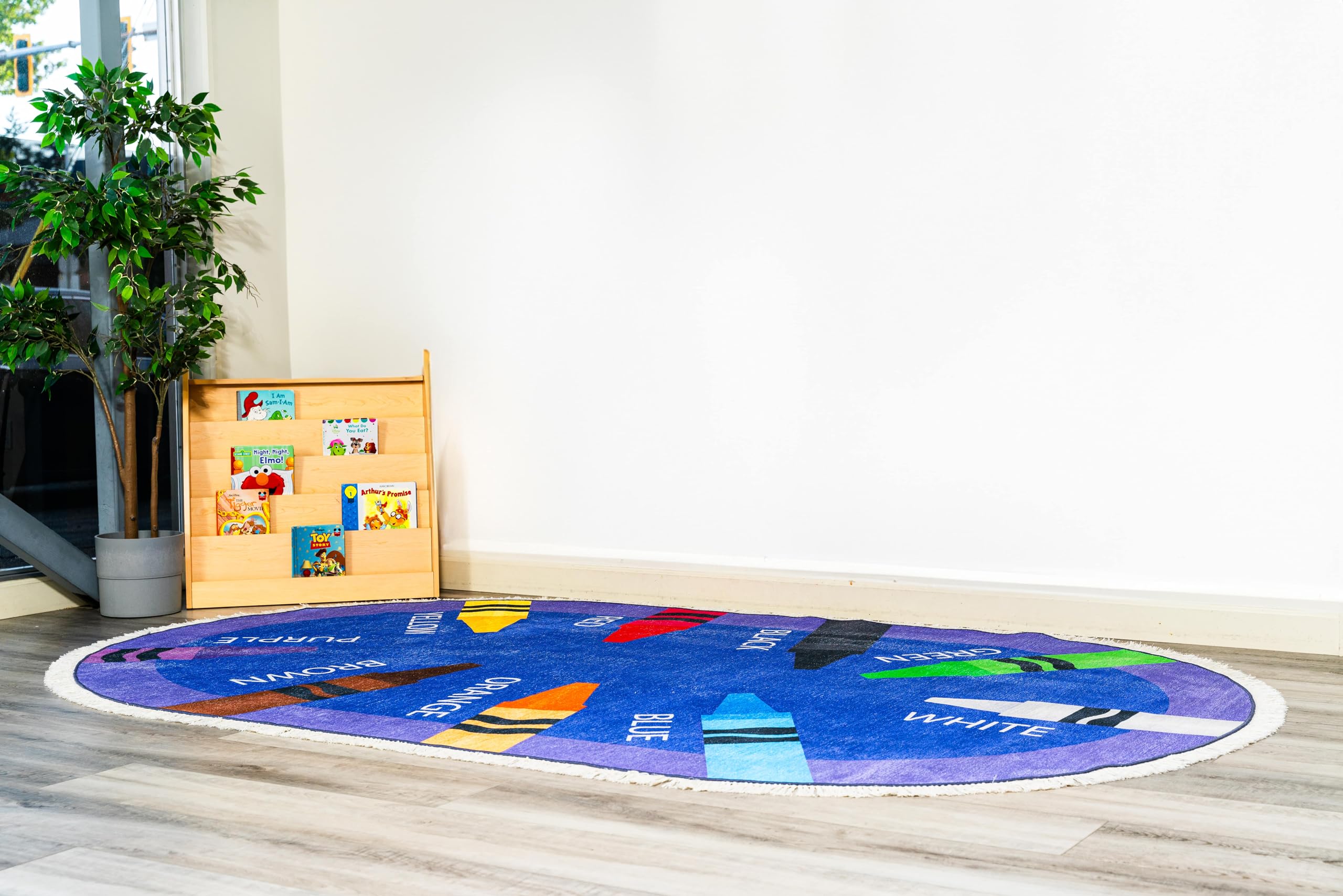 Purple Crayon Oval Educational Rug - Medium Pile Kids Play Mat with Alphabet Print, Non-Toxic Turkish Nursery Carpet for Daycare, Playroom & Bedroom - Soft Shaggy Area Rug for Toddler Learning & Playtime Activities