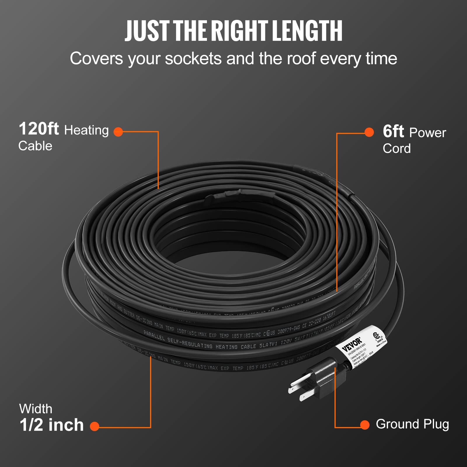 VEVOR Self-Regulating Pipe Heating Cable 120ft - 5W/ft Heat Tape for Freeze Protection - Roof Snow Melting & Gutter De-Icing - 120V Water Pipe Heater for Home, RV & Outdoor Use in Winter