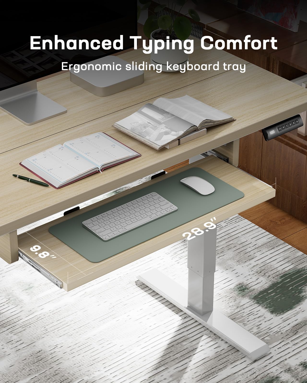 Marsail Electric Standing Desk with Ergonomic Keyboard Tray - 55 x 24 Inch Adjustable Height Desk (27.5” to 46.7”) - 4 Memory Presets, Smooth & Quiet Lifting - Perfect for Home Office, Gaming Setup, and Workspace Ergonomics - Model TZESD15Modern