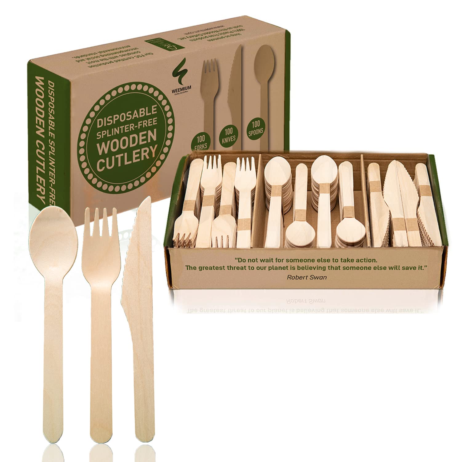 Eco-Friendly Disposable Wooden Cutlery Set - 300 Pieces (100 Forks, 100 Knives, 100 Spoons) | Biodegradable, Compostable & Splinter-Free Utensils | Plastic-Free Packaging | Perfect for Parties, Picnics, BBQs & Catering Events