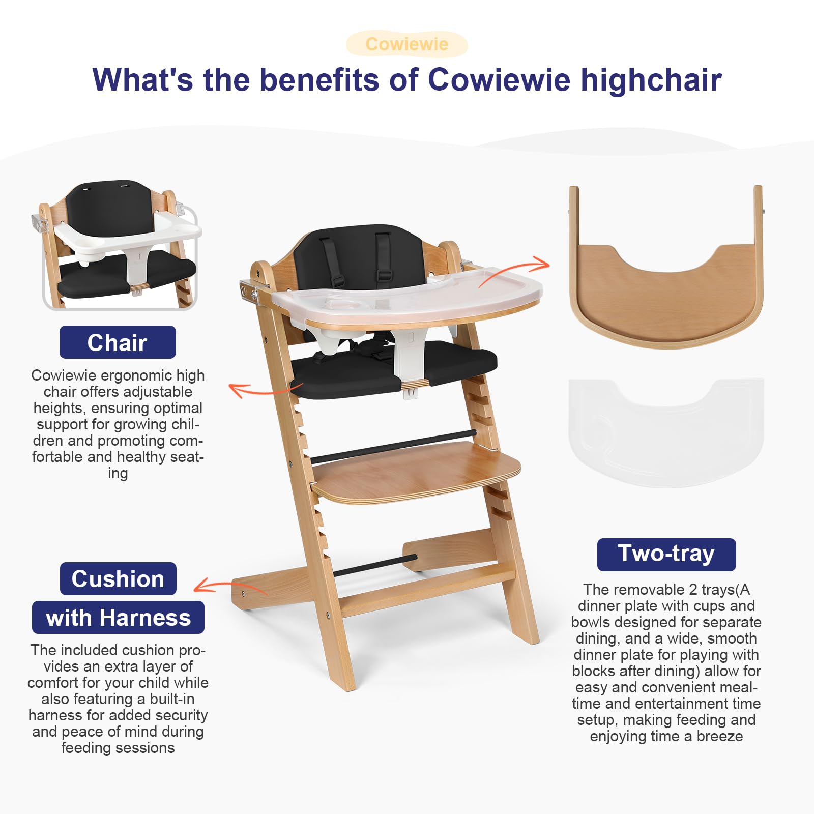 Cowiewie Natural Wooden High Chair for Babies & Toddlers - 3-Tier Removable Tray, 8 Adjustable Heights with Cushions, Easy to Clean Baby Feeding Chair (Black) | Perfect for Dining, Weaning & Playtime