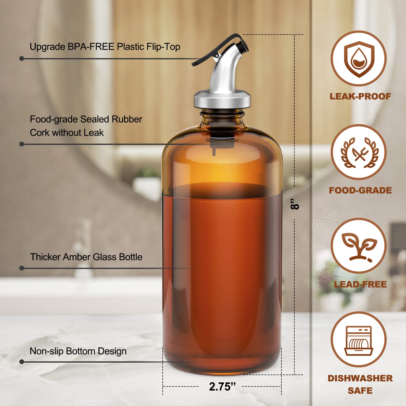 16oz Amber Glass Mouthwash Dispenser with Cup Holder & Tray - Refillable Bathroom Organizer Includes Funnel & 2 Waterproof Labels | Perfect for Countertop Storage, Guest Bathrooms & Dental Care Essentials