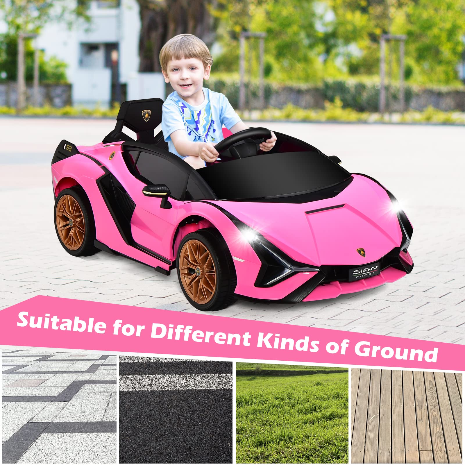INFANS 12V Licensed Lamborghini Sian Kids Electric Ride-On Car with Parent Remote Control - Spring Suspension, MP3 Player & Carbon Fiber Texture - Pink Toddler Toy Roadster for Birthday Gifts & Outdoor Play