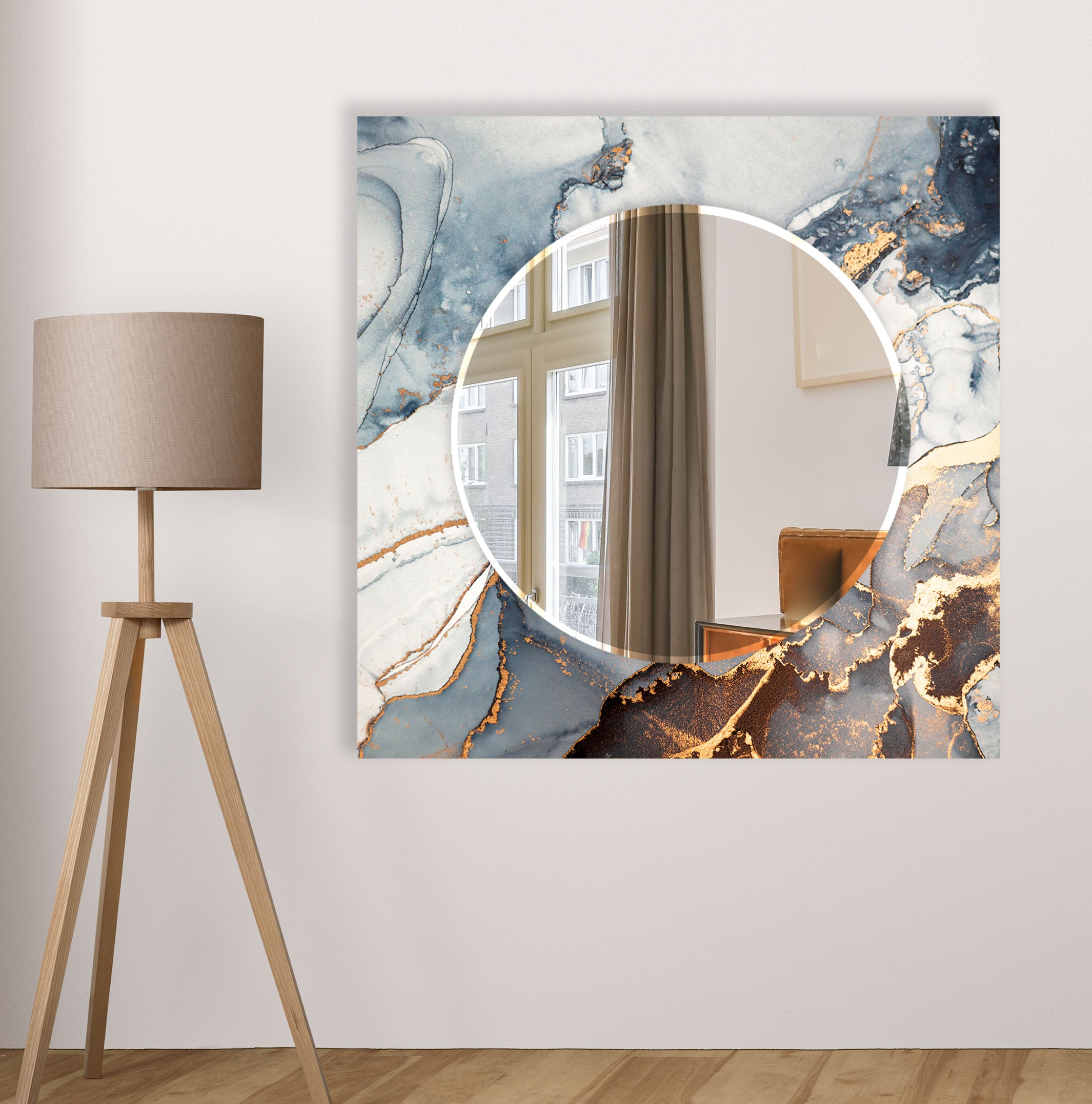 Luxury Blue & Gold Marble Glass Wall Mirror - Modern Statement Decor for Living Room, Bedroom, Entryway & Bathroom