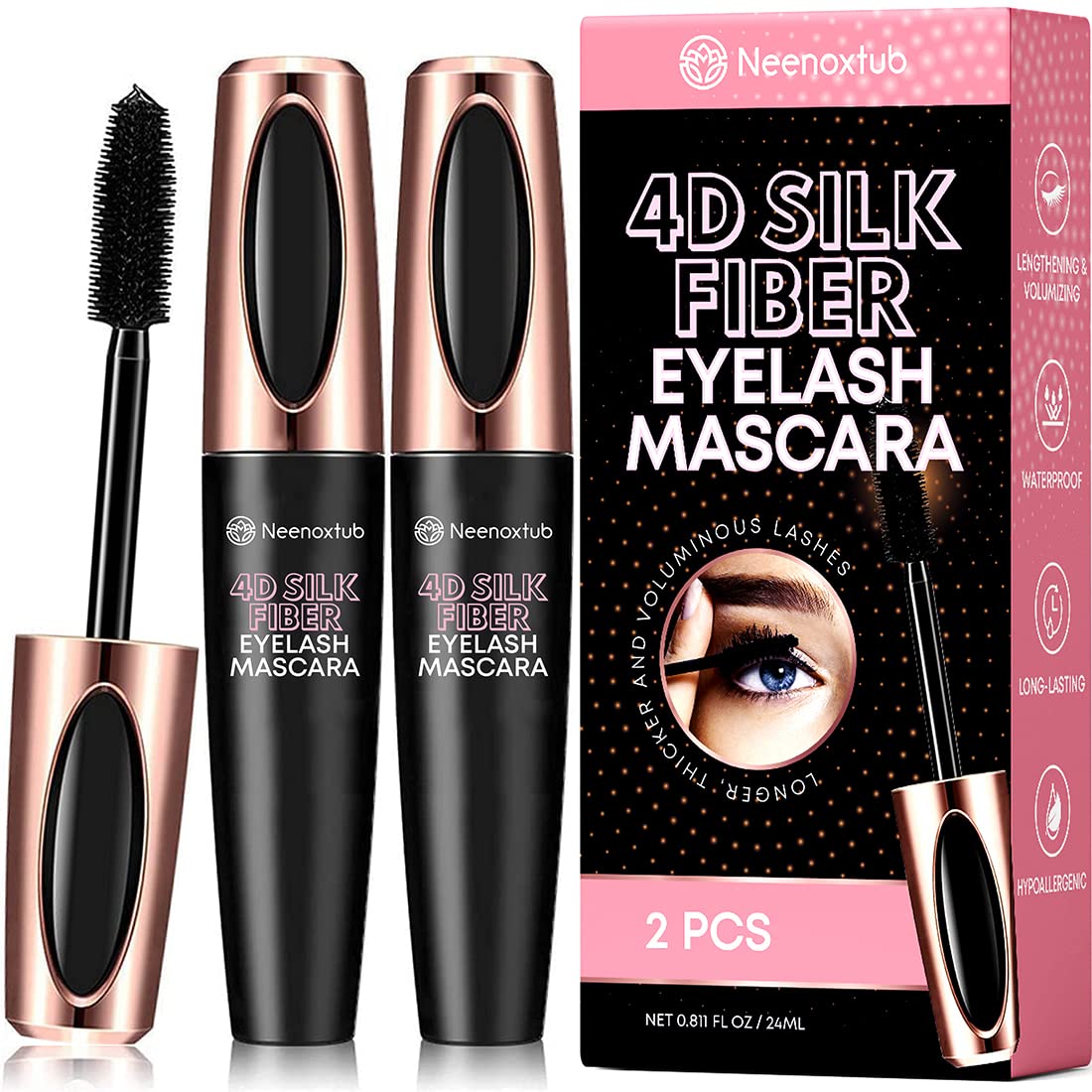 4D Silk Fiber Lash Mascara - Lengthening & Volumizing Black Mascara, Waterproof & Smudge-Proof, Hypoallergenic Formula, 2 Pack - Perfect for Daily Wear, Special Occasions & Sensitive Eyes