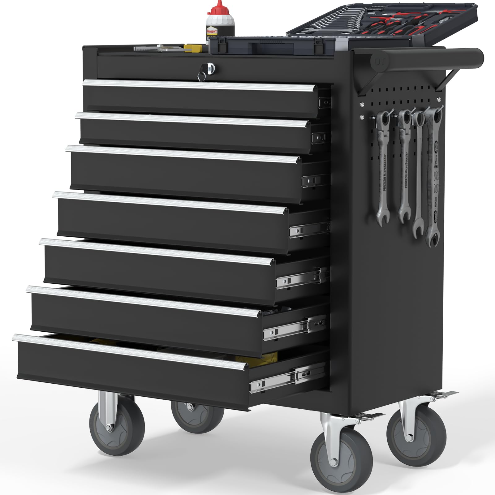 7-Drawer Rolling Tool Chest with Wheels - Heavy Duty Metal Tool Box with Key Lock, Large Capacity Drawers & Smooth Gliding Casters - Perfect Garage Storage Organizer for Workshops, Warehouses & DIY Projects (Black)