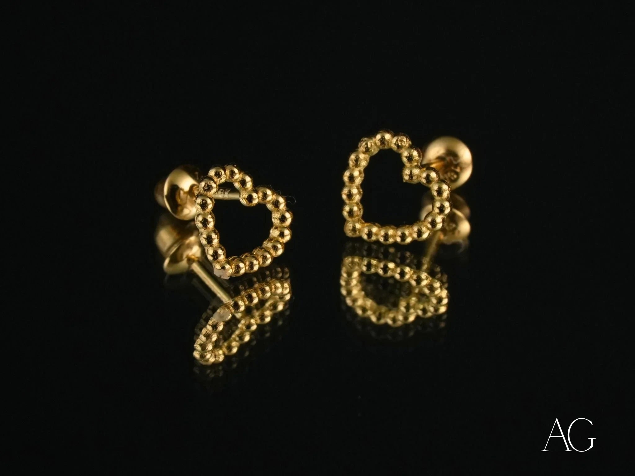 18k Gold Heart Earrings with Golden Beads - Elegant Dainty Jewelry for Women - Perfect for Valentine's Day, Anniversary Gifts & Everyday Wear