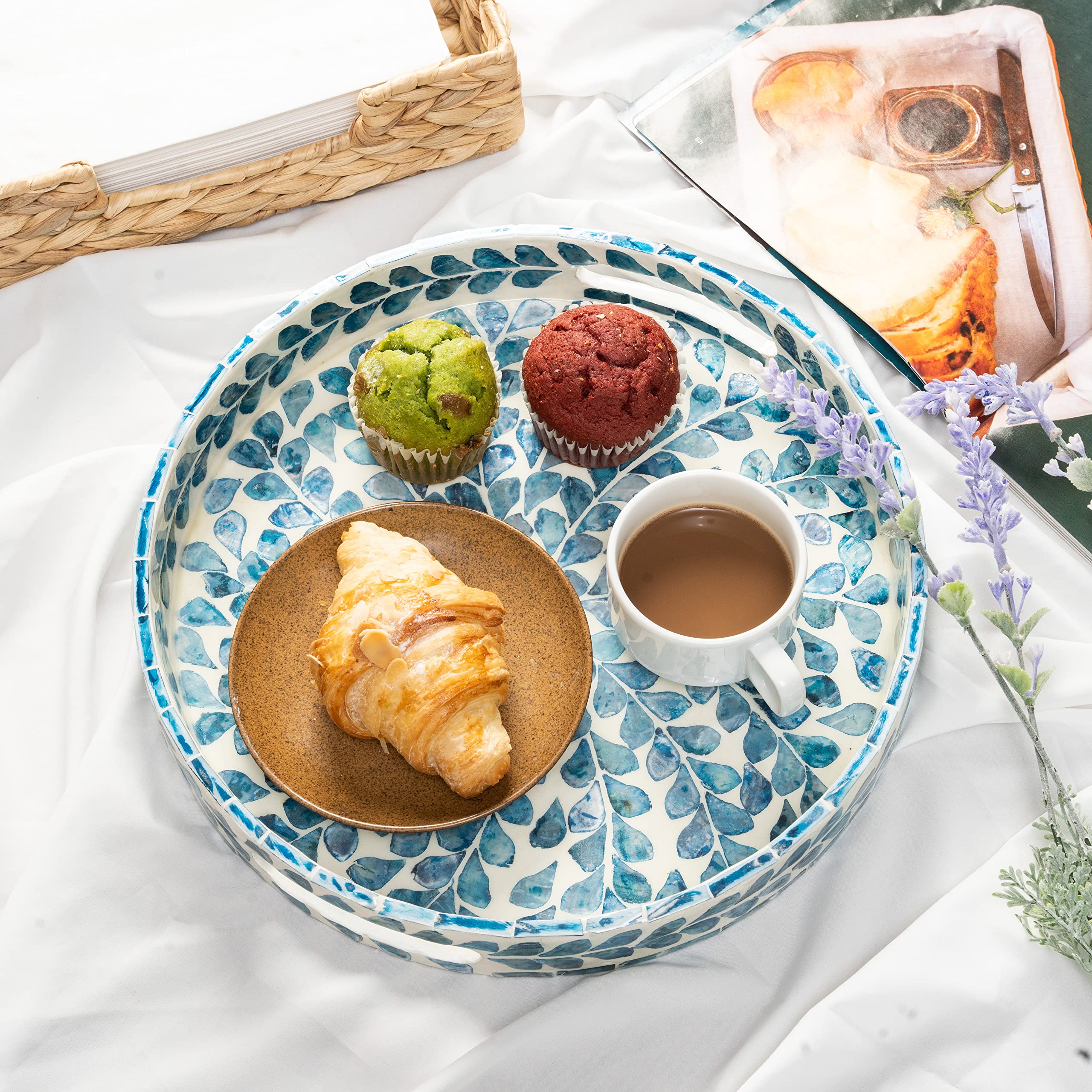 CLAYNIX 12.5 Inch Round Wooden Serving Tray with Mother of Pearl Inlay & Handles - Elegant Mosaic Lacquer Tray for Tea, Breakfast, or Home Decor (Leaf Design) - Perfect for Dining, Entertaining & Gift Giving