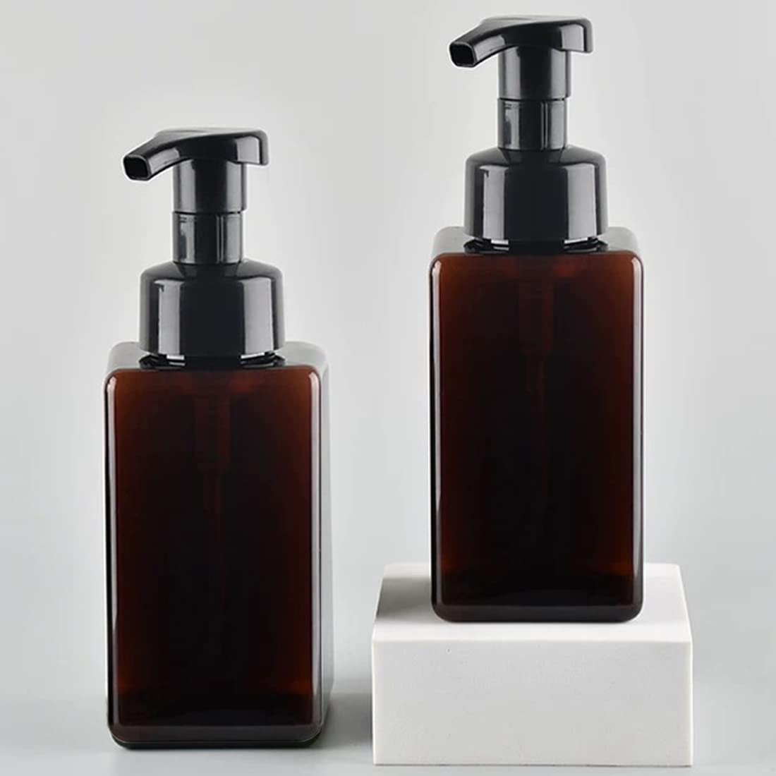 Refillable Foaming Soap Dispenser 16oz (450ml) - Modern Square Pump Bottle for Shampoo, Body Wash & Liquid Soap | PETG Plastic Empty Soap Dispenser for Kitchen, Bathroom & Hospital Use | 2-Pack Brown | Perfect for Home, Office and Commercial Spaces