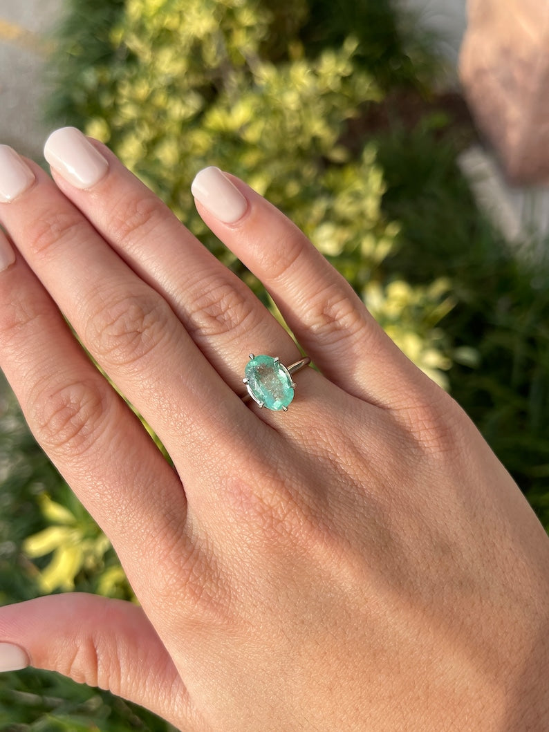 3.55ct Oval Cut Emerald Solitaire Ring in 14K White Gold with 6 Prong Setting - Perfect for Engagement, Wedding & Anniversary Gifts