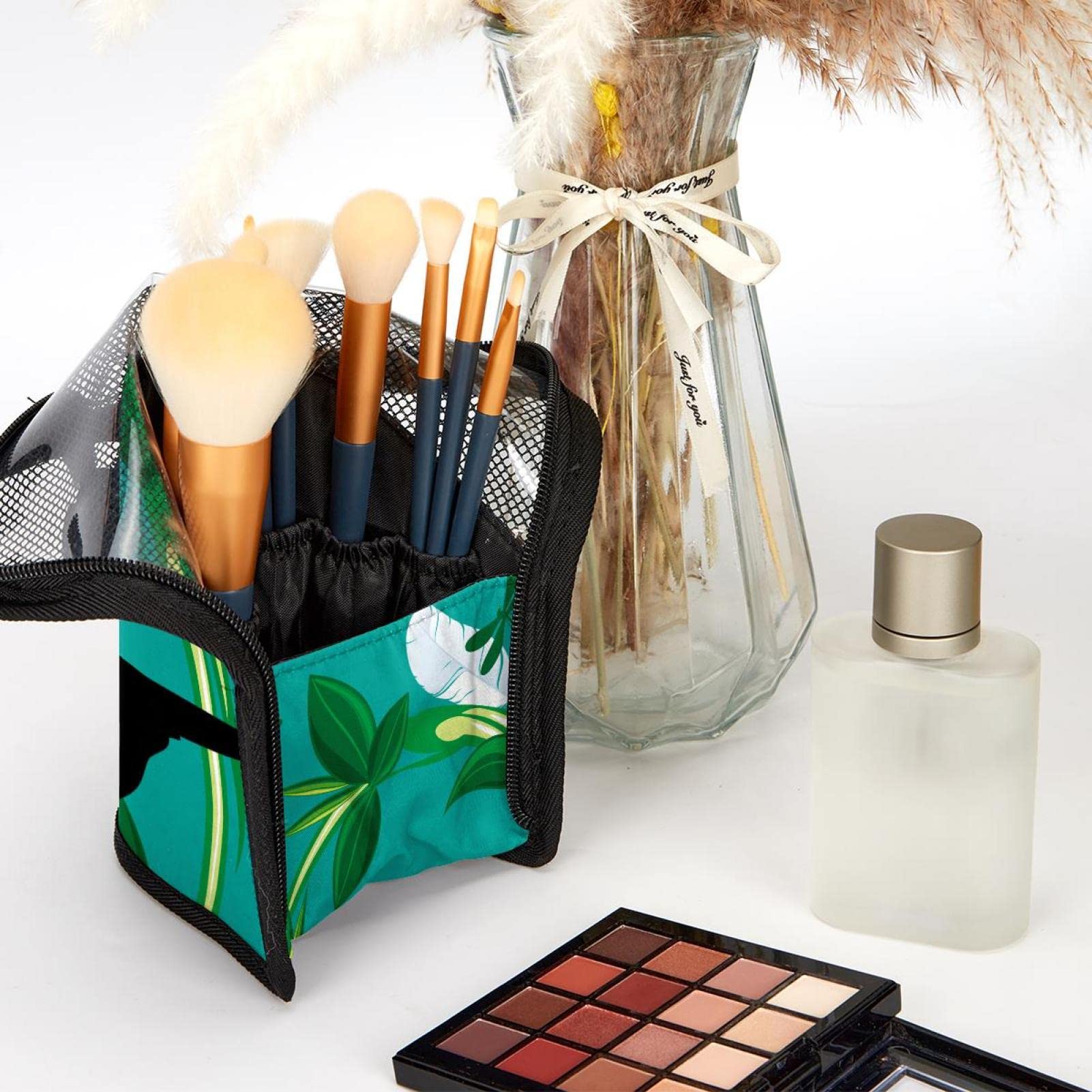 Premium Makeup Brush Organizer Bag with 12 Slots - Elegant Crow Feather & Leaf Design - Portable Travel Cosmetic Brush Holder Case - Perfect for Home Vanity, Travel & Professional Makeup Artists