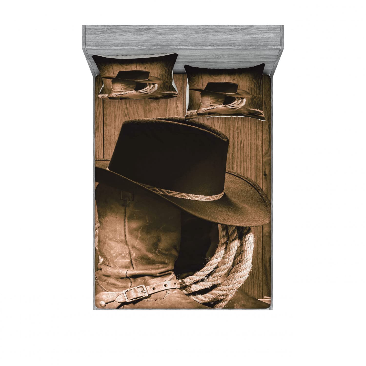 Ambesonne Western 2-Piece King Size Fitted Sheet Set with 4 Pillow Shams - Cowboy Hat Wooden Print Brown Bedding Decor | Perfect for Ranch, Cabin or Western Themed Bedrooms