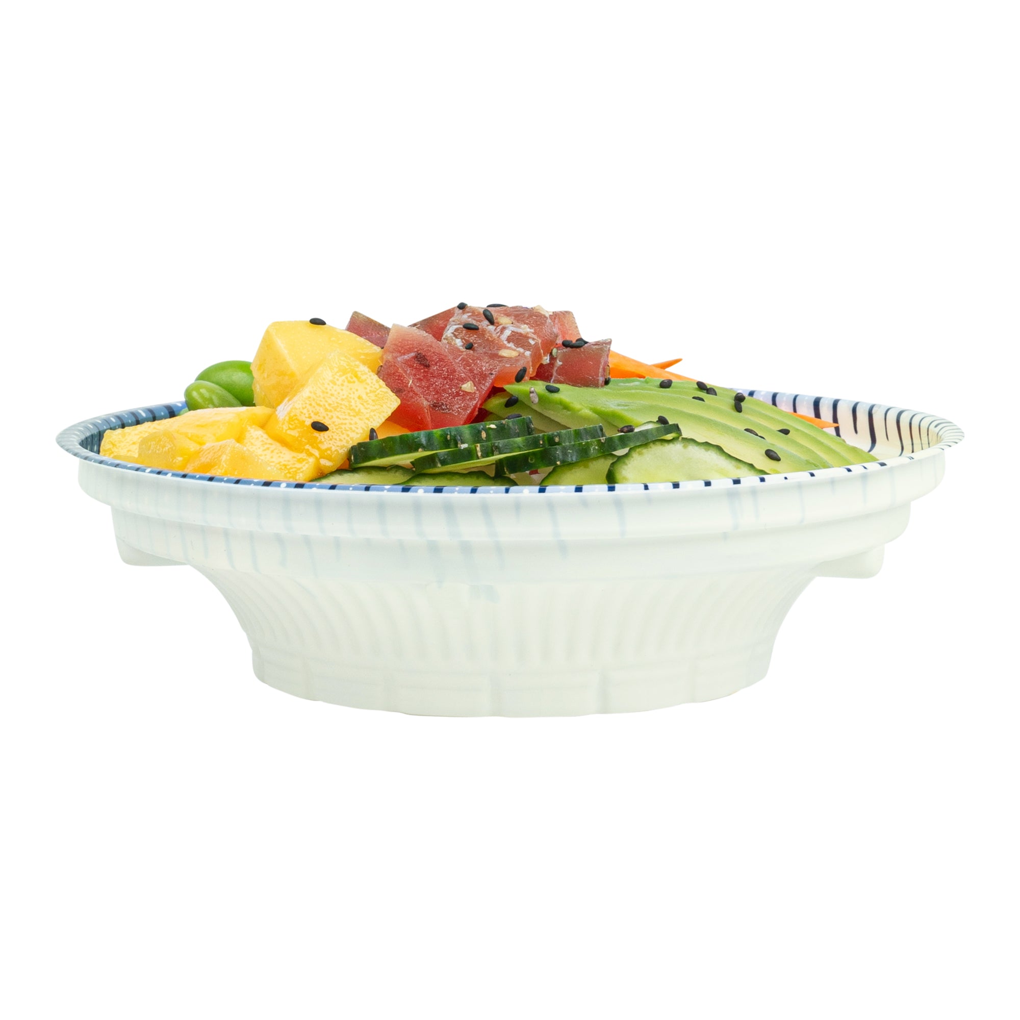 Bento Tek 10 oz Round White and Blue Plastic Asian Style Bowl - 6.5