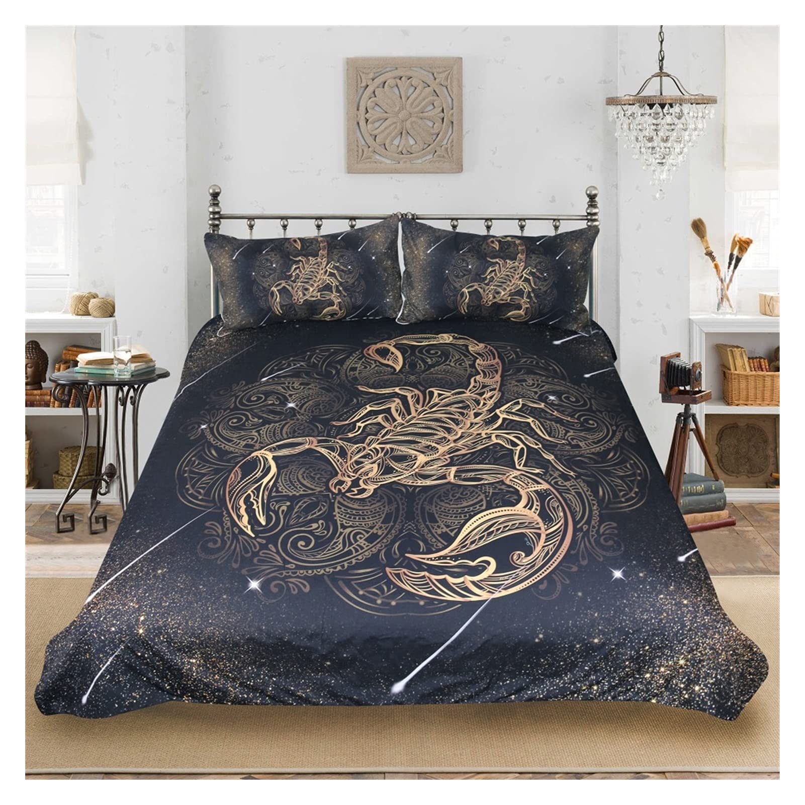 BESTTEXE Gold Scorpion Duvet Cover Set - Queen/King Size Bohemian Constellation Bedding | Zodiac Scorpio Theme Luxury Quilt Cover (Twin Available) for Astrology Lovers & Bohemian Bedroom Decor