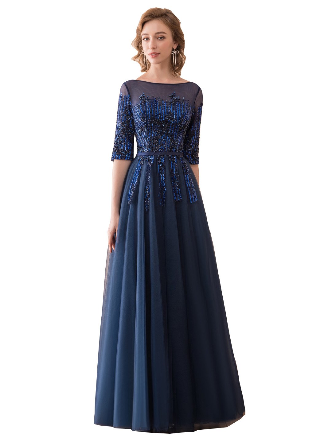 Elegant Women's 1/2 Sleeves Scoop Neck Beaded Sequins Tulle Evening Dress for Prom, Wedding & Special Occasions
