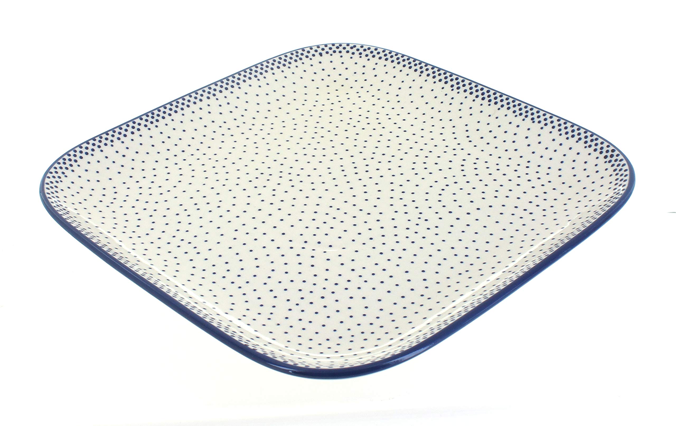Handmade Blue Rose Polish Pottery Large Square Plate with Small Dots - Elegant Dinnerware for Home Decor, Wedding Gift & Special Occasions
